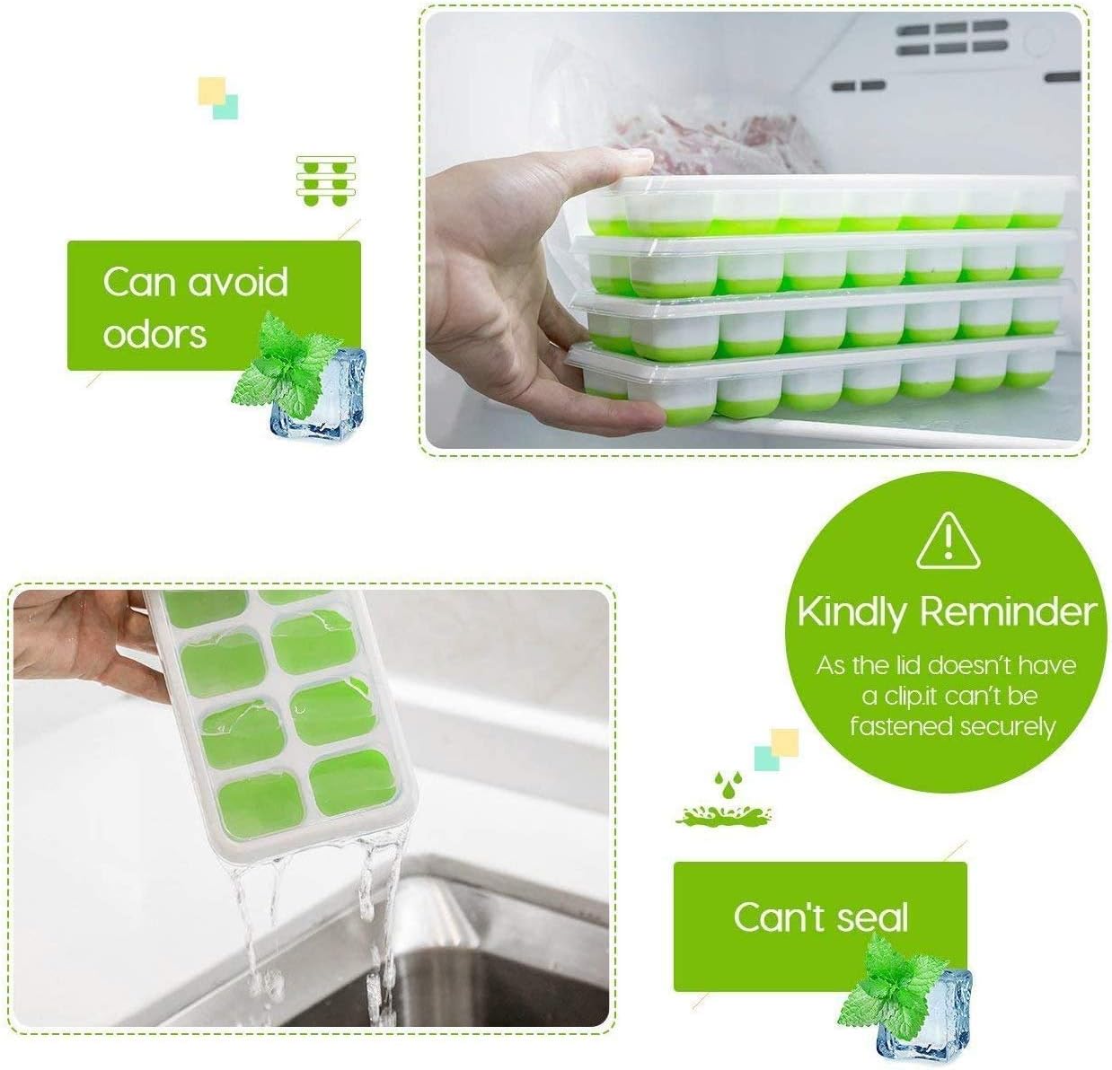 Ice Cube Tray, Silicone Easy Release, Flexible 14 Ice Trays with Spill-Proof Removable Lids, BPA-Free, Durable, Dishwasher Safe, 2-Pack