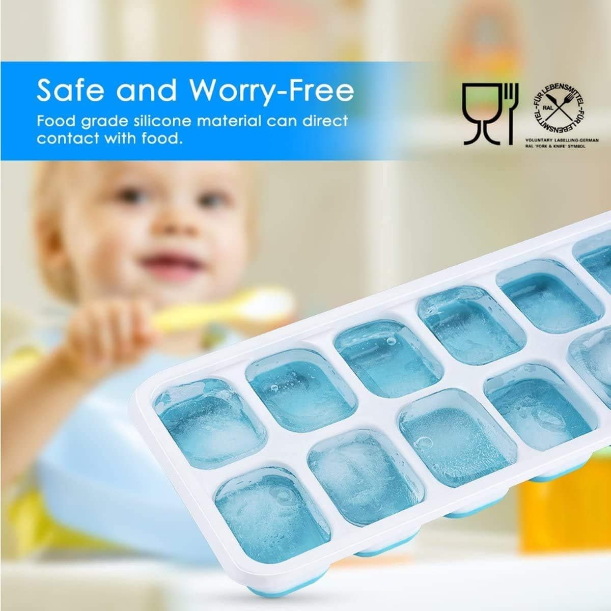 Ice Cube Tray, Silicone Easy Release, Flexible 14 Ice Trays with Spill-Proof Removable Lids, BPA-Free, Durable, Dishwasher Safe, 2-Pack