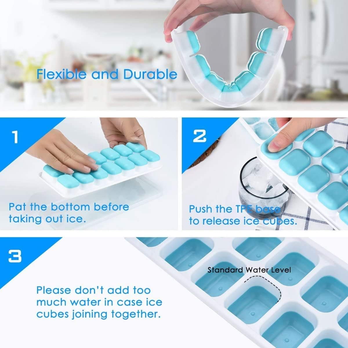 Ice Cube Tray, Silicone Easy Release, Flexible 14 Ice Trays with Spill-Proof Removable Lids, BPA-Free, Durable, Dishwasher Safe, 2-Pack
