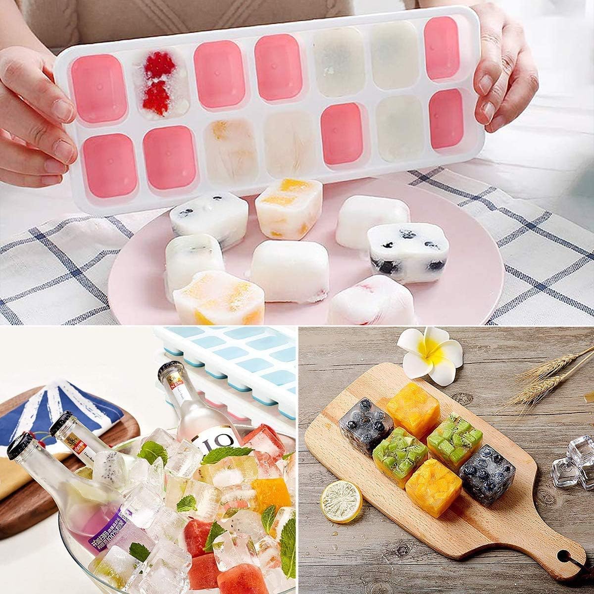 Ice Cube Tray, Silicone Easy Release, Flexible 14 Ice Trays with Spill-Proof Removable Lids, BPA-Free, Durable, Dishwasher Safe, 2-Pack