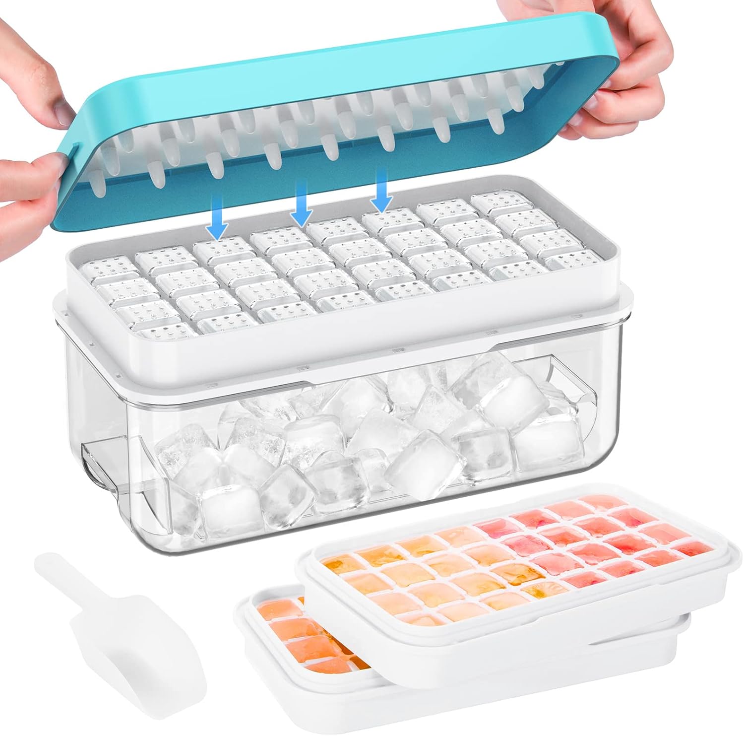 Ice Cube Tray with Lid and Bin, PHINOX 64 Piece Refrigerator Ice Tray, Ice Cube Tray, 2 Trays, Container, Lid and Ice Scoop, BPA Free
