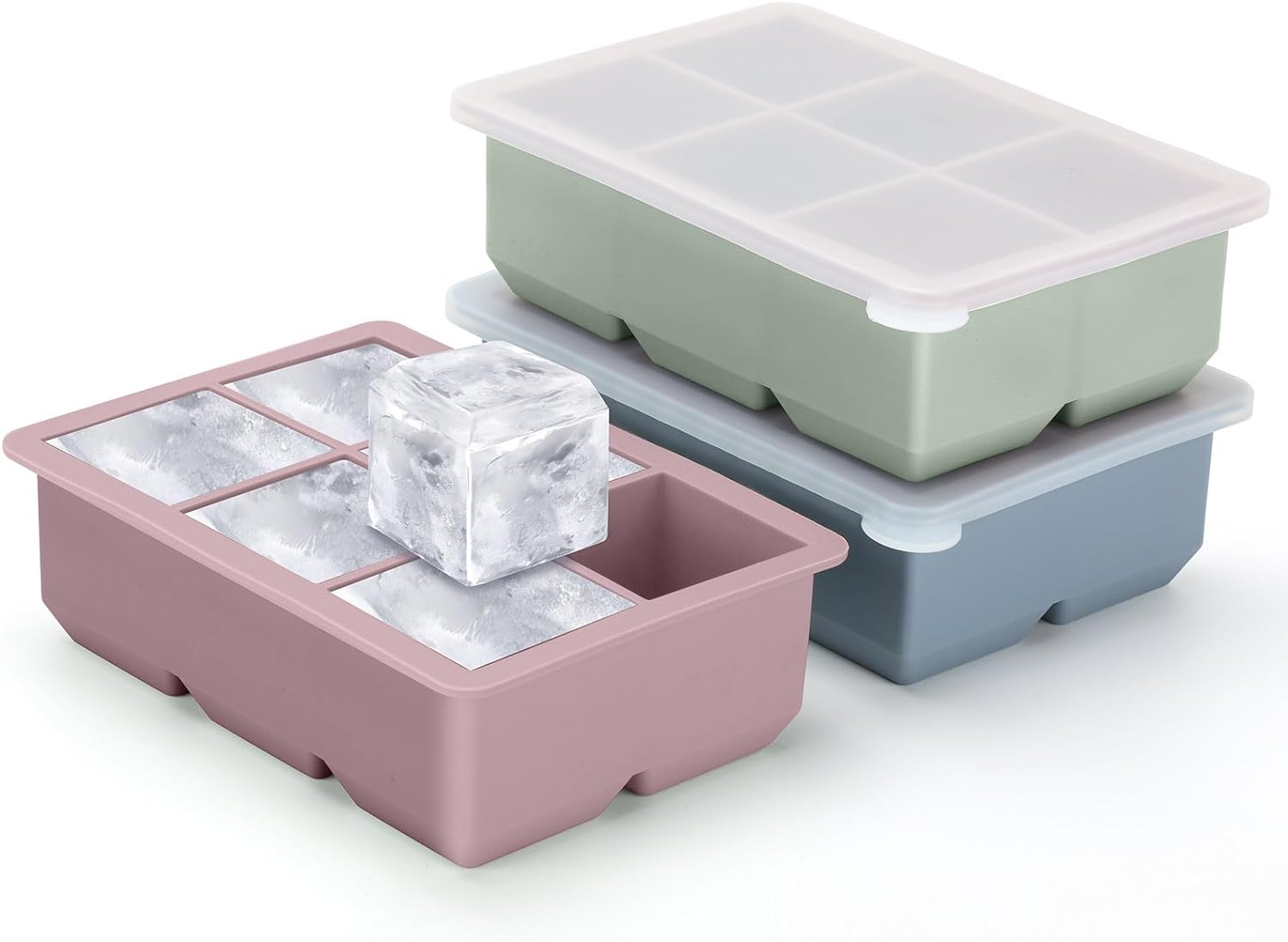 Excnorm Silicone Ice Cube Tray 3 Piece Set - Large Silicone Ice Cube Molds with Leak Proof Removable Lids Square Ice Cube Tray, BPA Free, For Cocktails, Whiskey, Stackable Flexible Ice