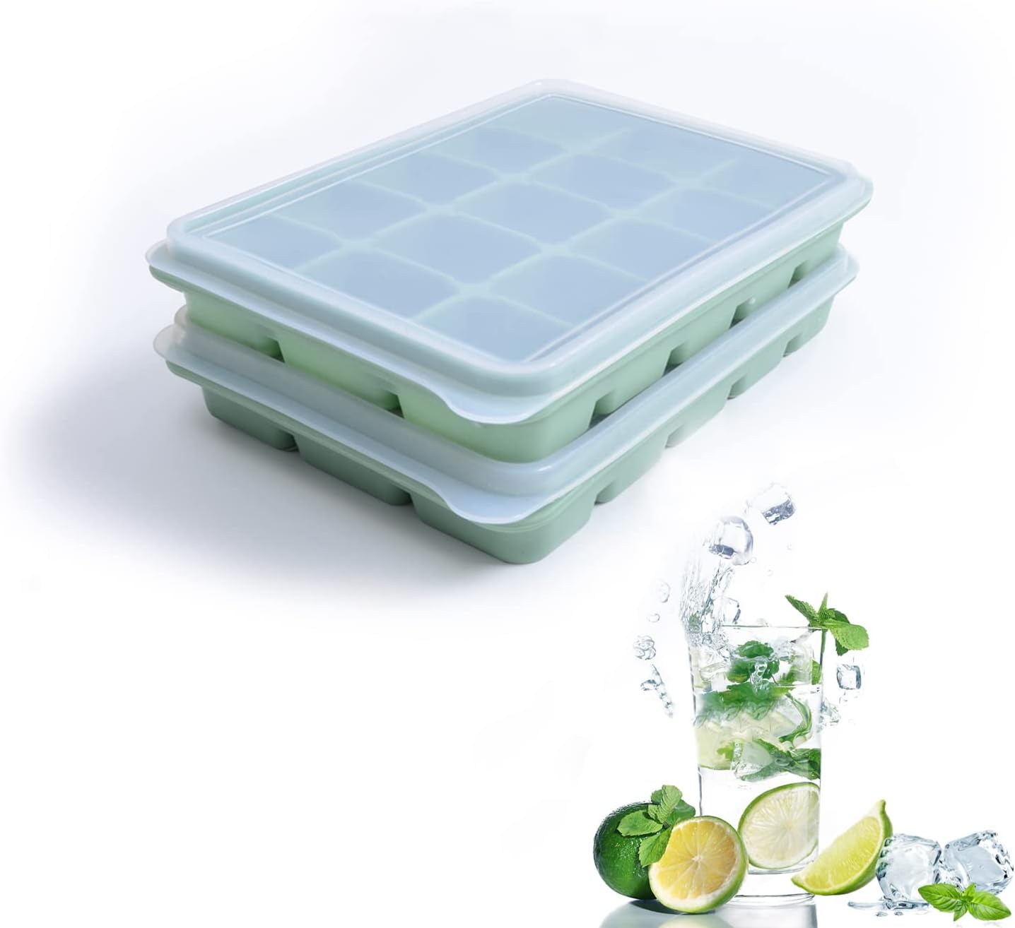 Ice Cube Tray Set of 2, Easy Release 15 Flexible Silicone Ice Cube Molds with Removable LidsReusable Frozen Ice TraysStackable for Whiskey, Baby Food, BPA Free (Bamboo Green)
