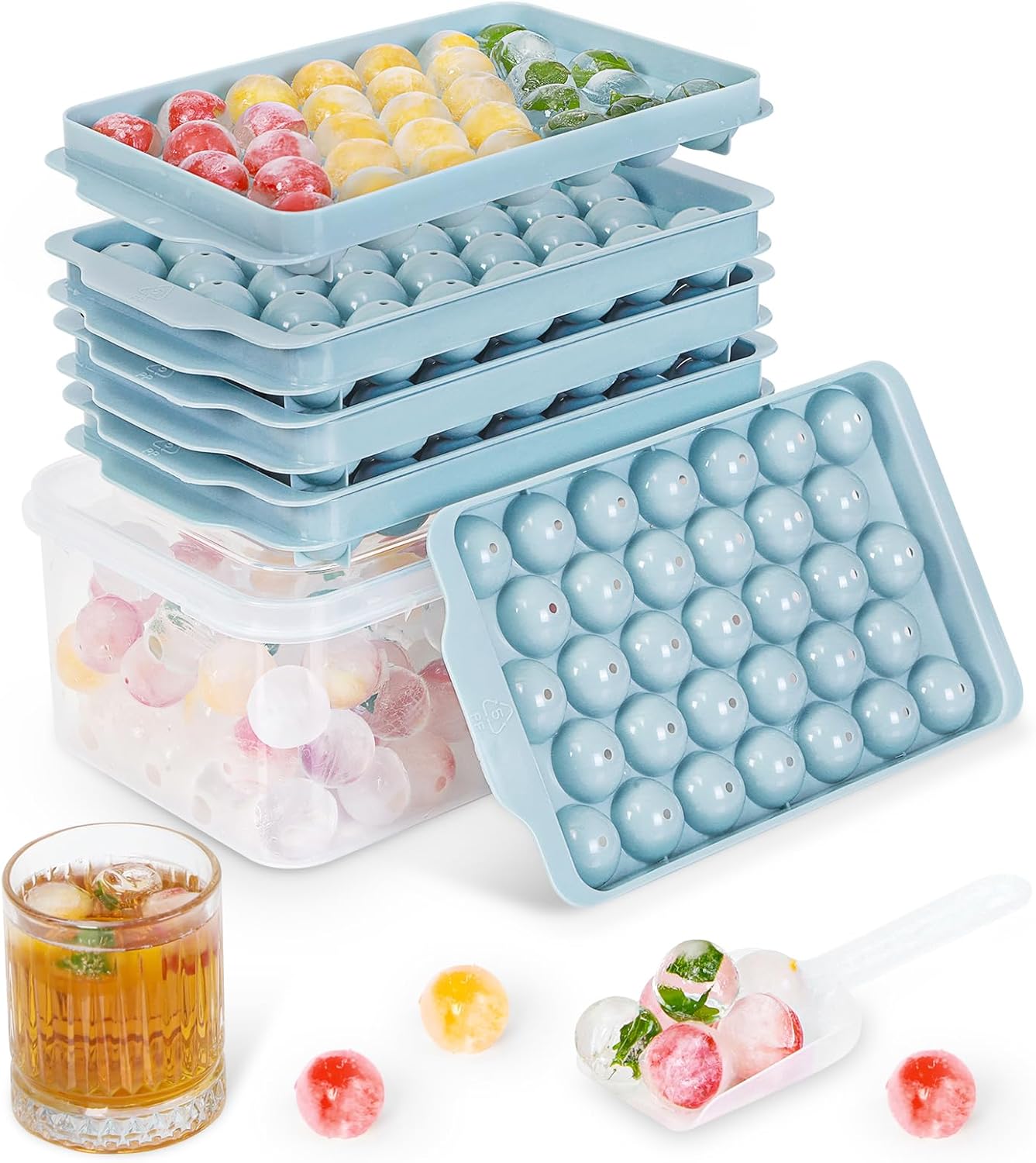 Optish 3 Piece Refrigerator Ice Tray,99 Piece Ice Cube Tray with Lid and Trash Can,Round Ice Cube Tray for Frozen Beverages,Round Ice Cube Tray