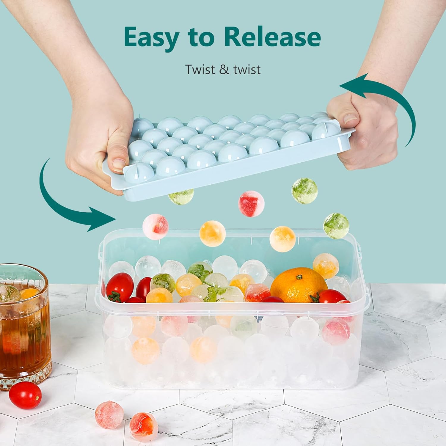 Optish 3 Piece Refrigerator Ice Tray,99 Piece Ice Cube Tray with Lid and Trash Can,Round Ice Cube Tray for Frozen Beverages,Round Ice Cube Tray