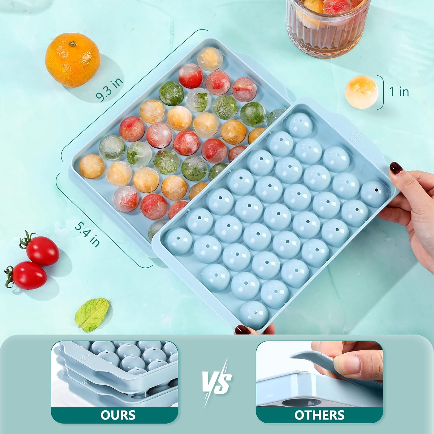 Optish 3 Piece Refrigerator Ice Tray,99 Piece Ice Cube Tray with Lid and Trash Can,Round Ice Cube Tray for Frozen Beverages,Round Ice Cube Tray
