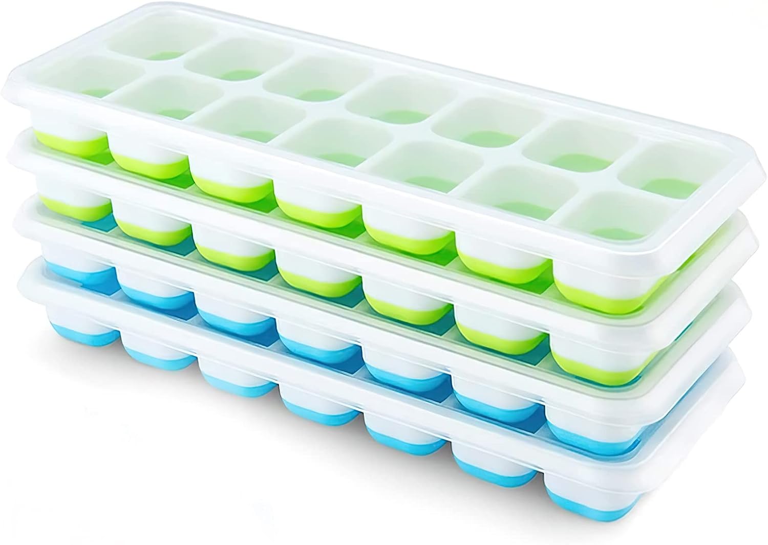 Ice Cube Tray 4-Pack, Airabc Silicone with Removable Lid, Easy Release Flexible 14 Cube Tray, LFGB Certified, BPA Free, Stackable for Cocktails, Freezers