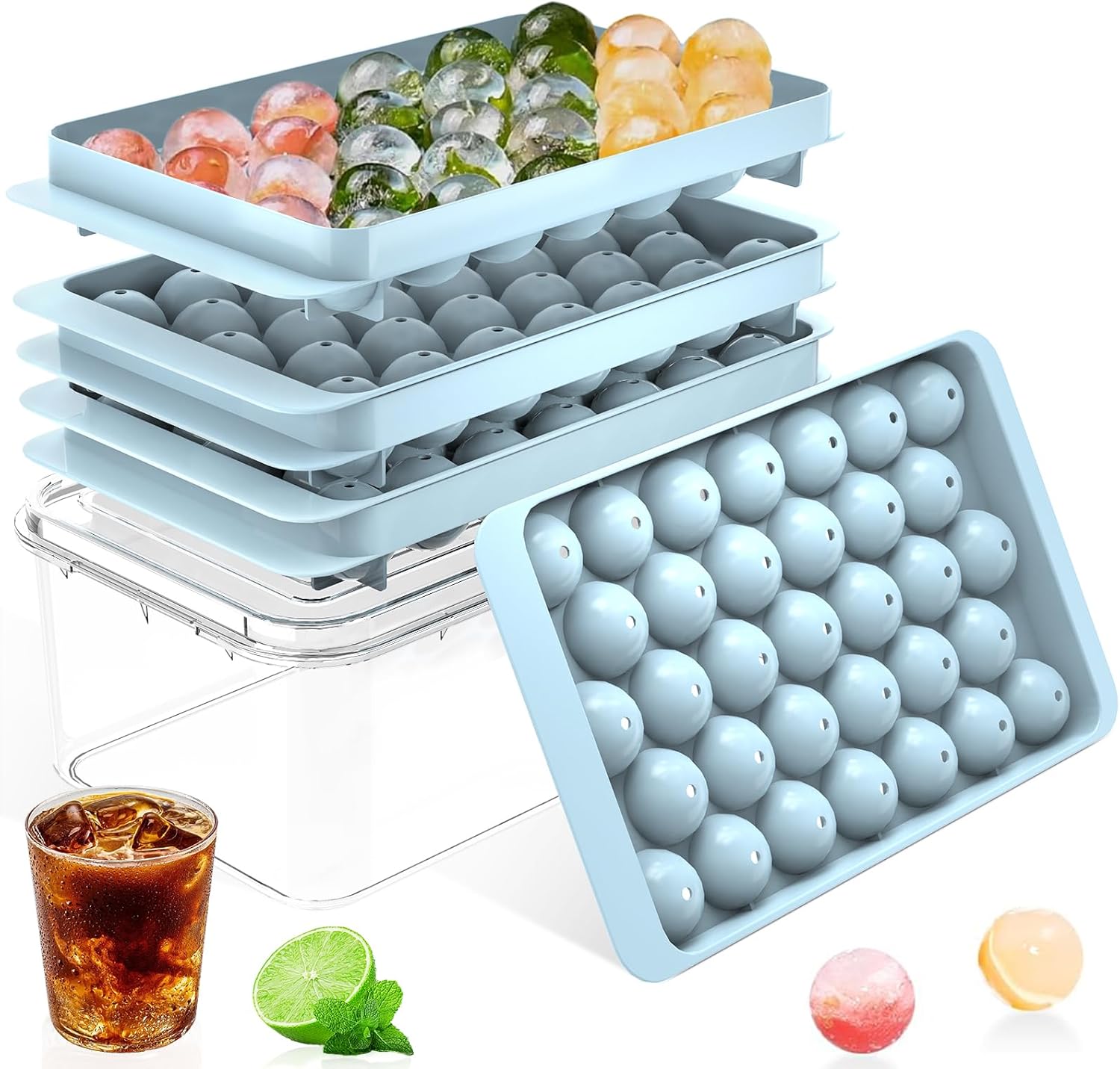Ice Cube Tray with Lid and Trash Can - Round Ice Cube Tray for Freezers, BPA Free Food Grade Ice Molds, Stackable Ice Ball Maker, Round Ice Cube Tray for Cocktails, Whiskey, Coffee and Beverages
