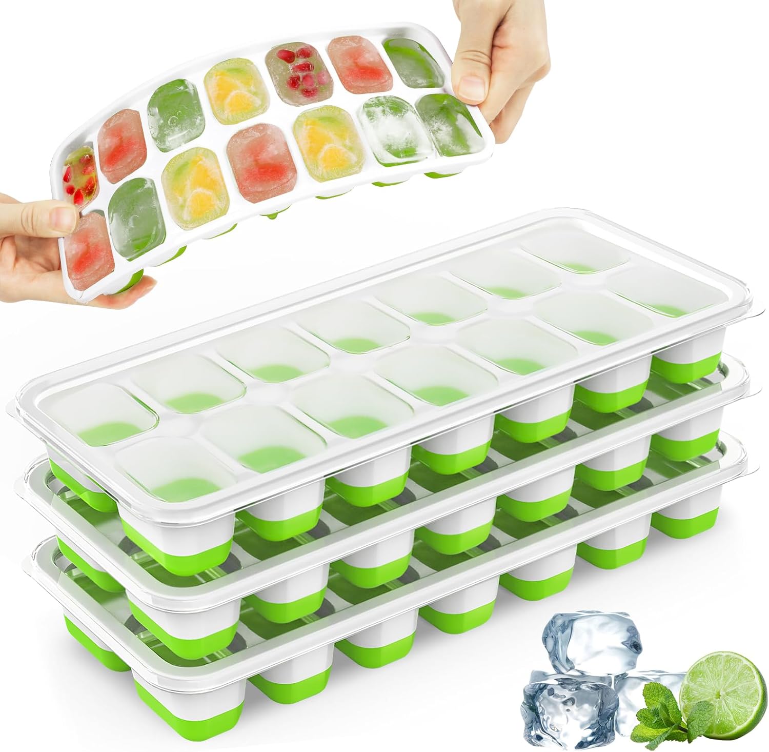 Ice Cube Tray, 4-Piece Durable Stackable Ice Tray for Freezer with Spill-Proof Removable Lid, LFGB Certified, BPA-Free, Easy Release 56-Piece Silicone Ice Maker for Cocktails, Coffee, Beer