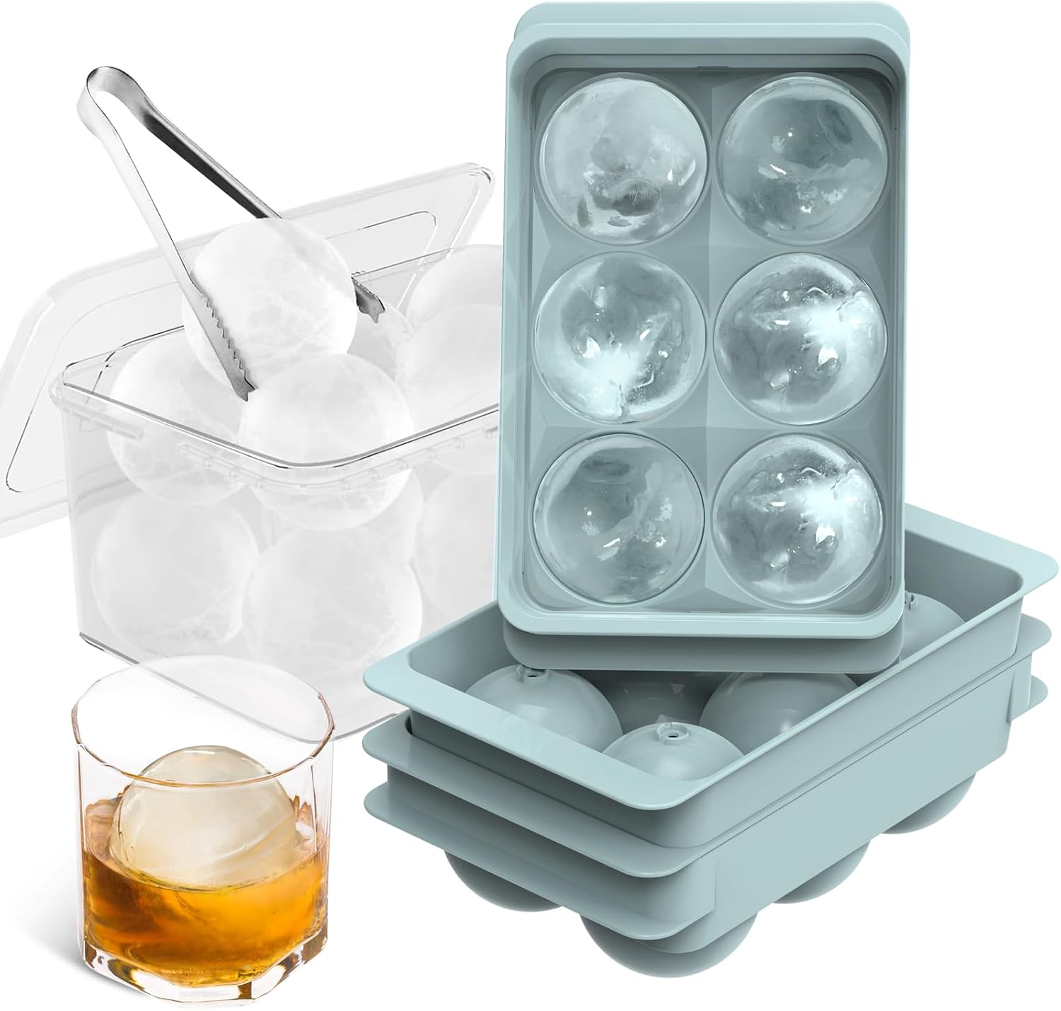 Large Ice Cube Mold, Large Round Whiskey Ice Cube Tray for Freezing, Easy to Fill and Release, Whiskey Bourbon Cocktails (1.9 Inch * 6 Balls - Blue/2 Piece Pack)