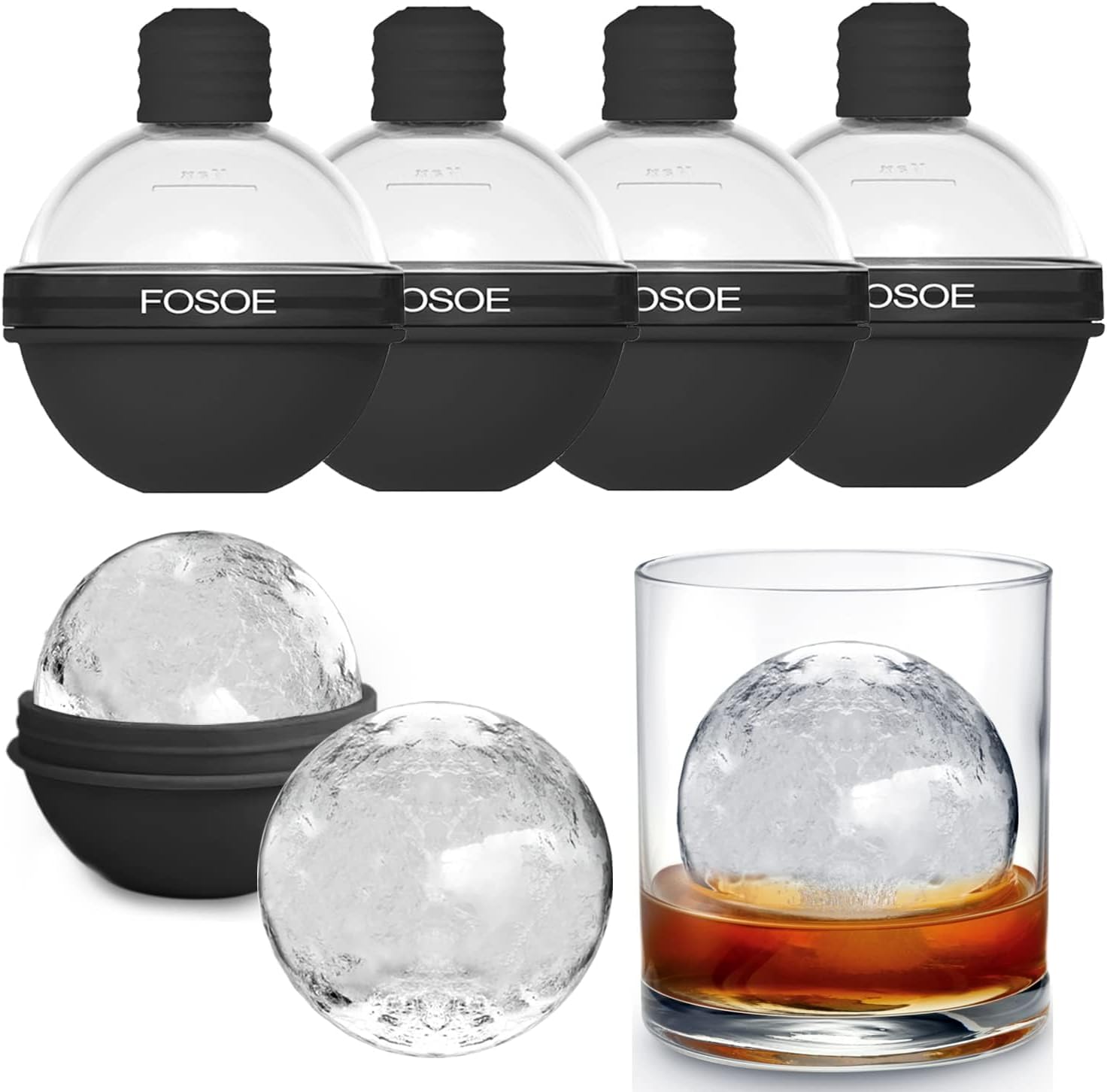 Whiskey Silicone Ice Ball Molds - Set of 4 Round Makers with Lids for Cocktails, Bourbon and Beverages