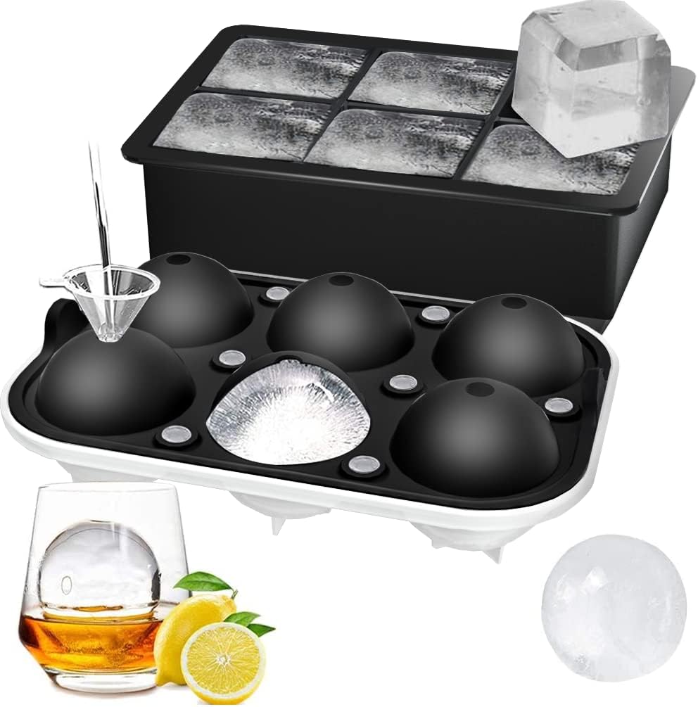 Ice Cube Tray (Set of 2), Spherical Ice Ball Maker with Lid and Large Square Ice Cube Maker for Whiskey, Cocktails and Homemade, Keeps Drinks Chilled Black