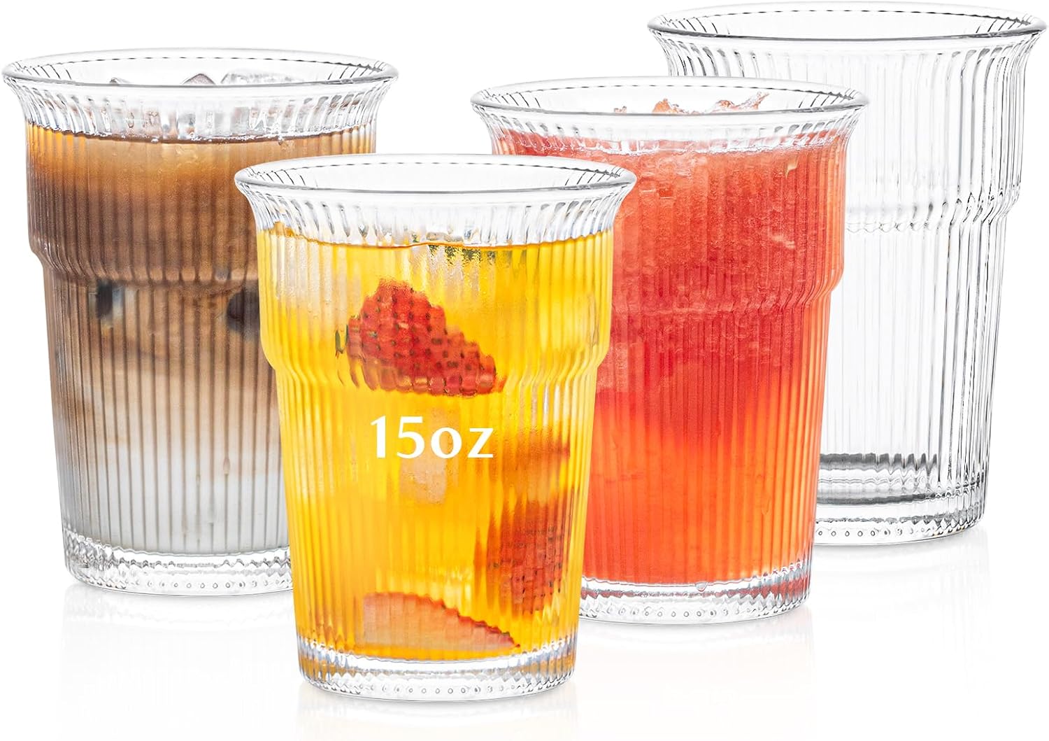 INSETLAN 4 Piece Ribbed Drinking Glass Set - 15 oz Vertical Stripe Glassware for Water, Coffee, Cocktails - Modern Glasses, Durable Lead-Free Glasses for Everyday Use and Parties