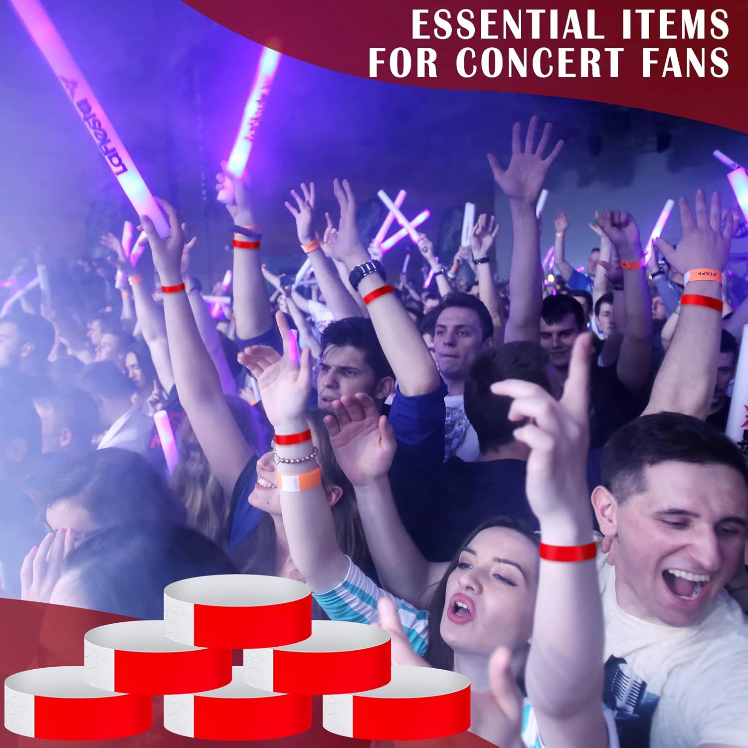 300 Pieces Paper Wristbands for Events Waterproof Neon Bracelets Concert Identification Wristbands Bracelets Events Party Adhesive Bracelets (Red)