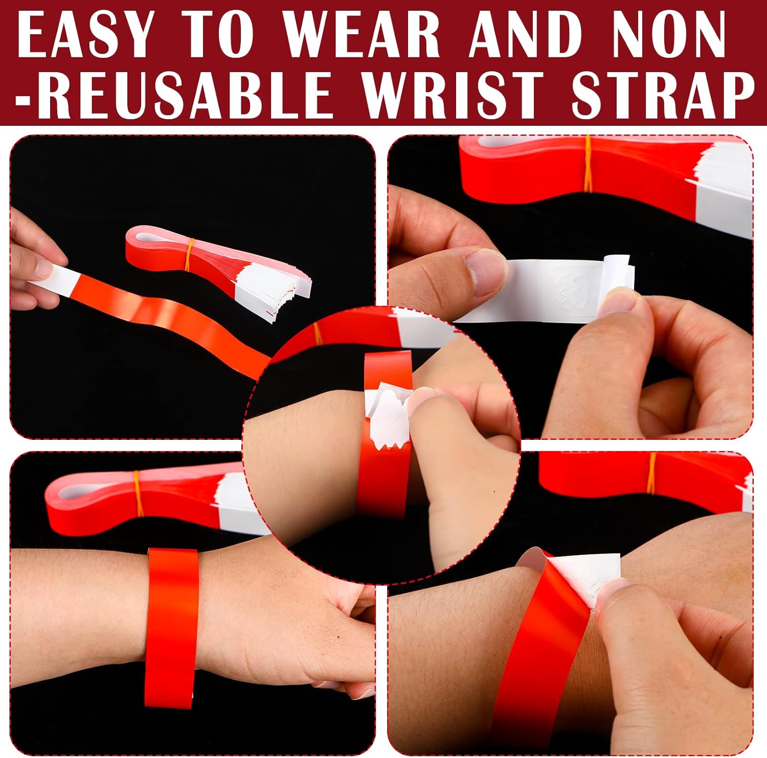 300 Pieces Paper Wristbands for Events Waterproof Neon Bracelets Concert Identification Wristbands Bracelets Events Party Adhesive Bracelets (Red)