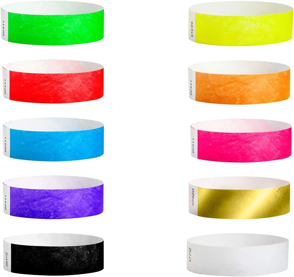 100 Tyvek Wristbands Color Assorted Packaging - ?" x 10" - Waterproof Recyclable Comfortable Tear Resistant Paper Bracelet Wristbands for Events Concerts Holiday Entrance Parties | 10 Colors