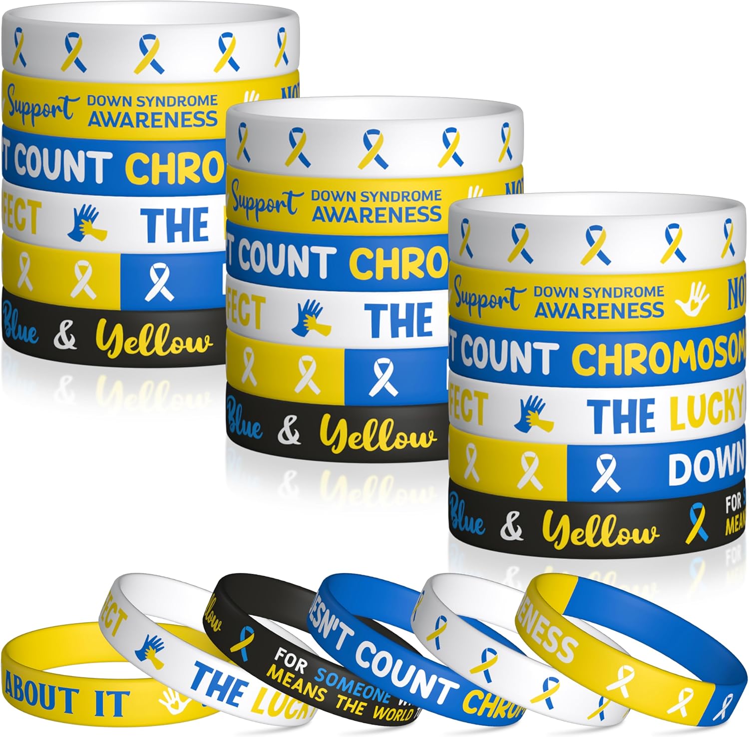 WATINC Down Syndrome Awareness Silicone Bracelet,Blue Yellow Ribbon Elastic Wristband,Inspirational Rubber Bracelet