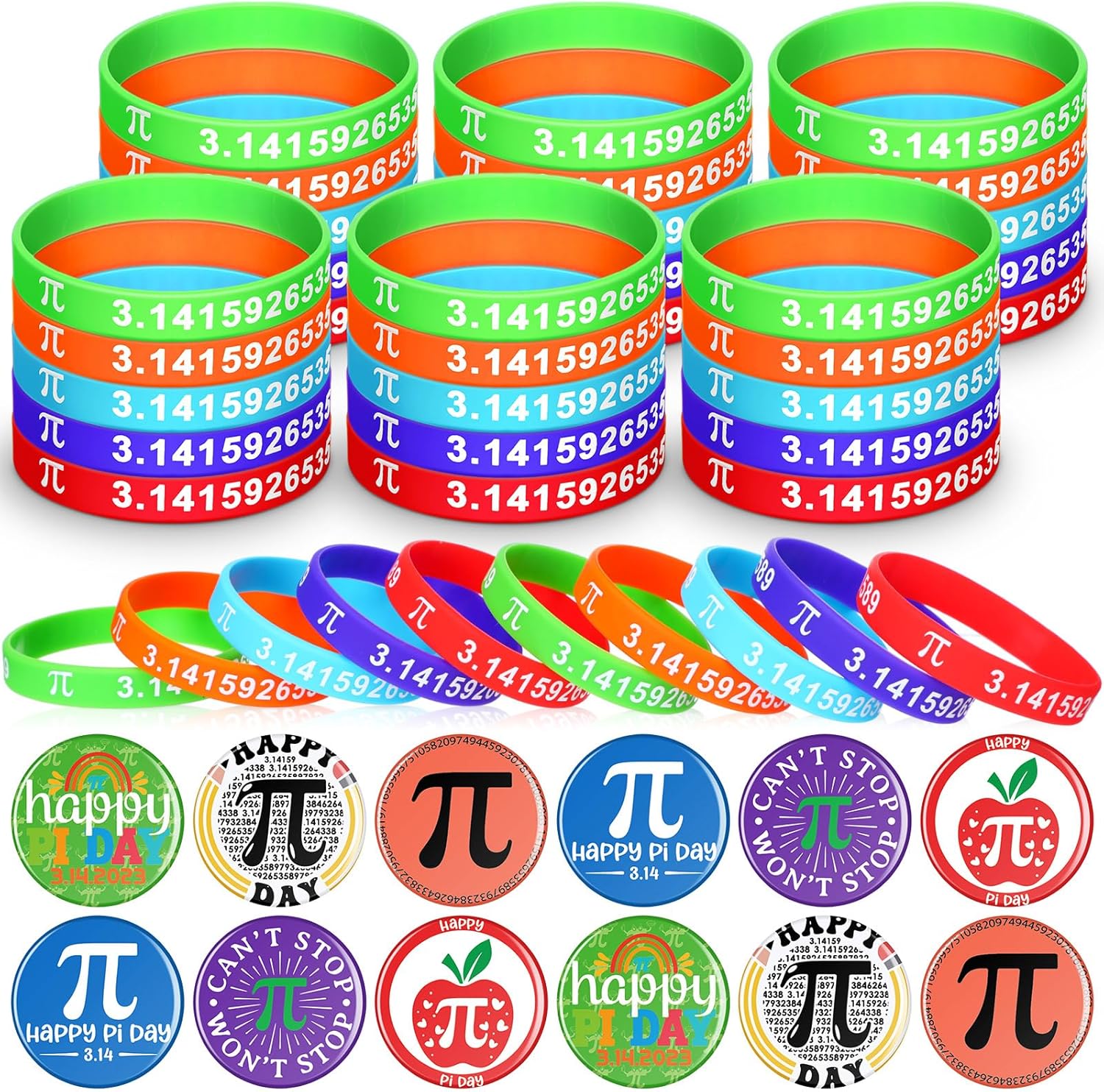 Quelay 60 Pieces Pi Day Party Favors Pi Day Gifts Pi Math Wristbands Silicone Bracelets Pi Day Circle Badges Buttons Pins Scientology Day Accessories Students Teachers Math Fans Pi Day Party Decorations