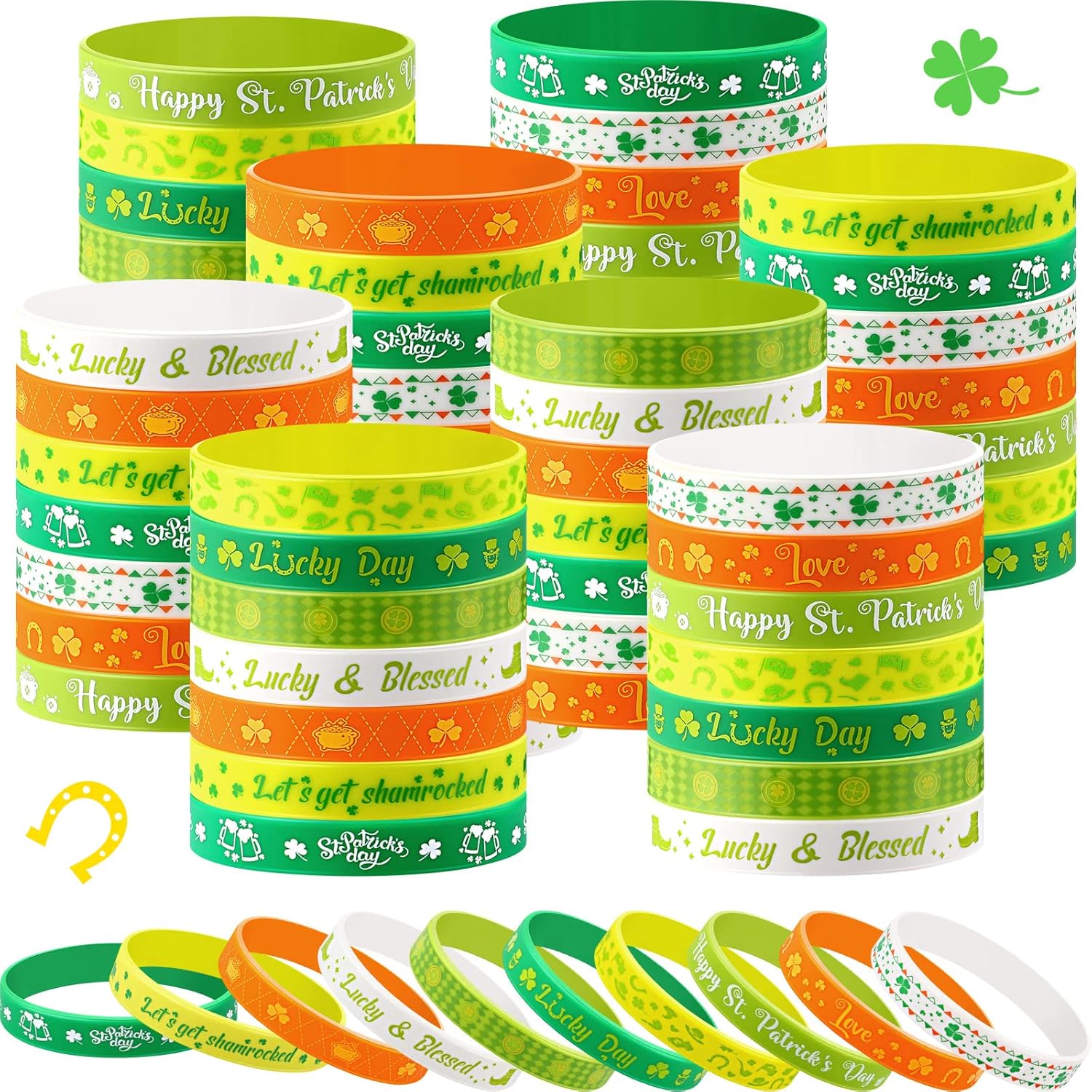 Threan St. Patrick's Day Silicone Wristband Bracelets 10 Styles of Green Shamrock Bracelets St. Patrick's Day Party Favors Holiday Supplies Accessories Gifts Decorations (150 pcs)