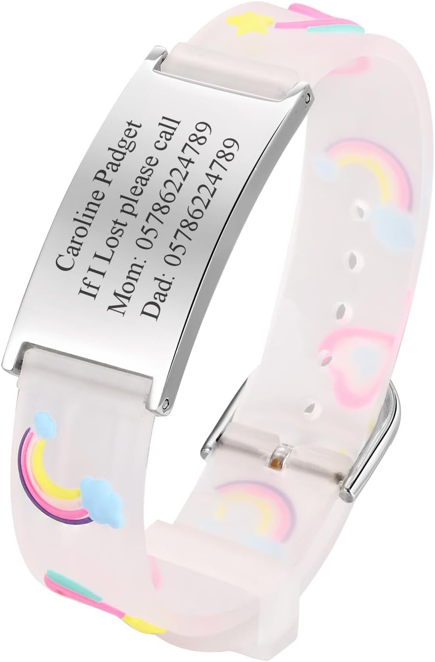 Personalized Safety Bracelet for Kids - Customized stainless steel tag and cartoon silicone strap wristband for kids girls boys toddlers,free engraving adjustable kids anti loss safety bracelet
