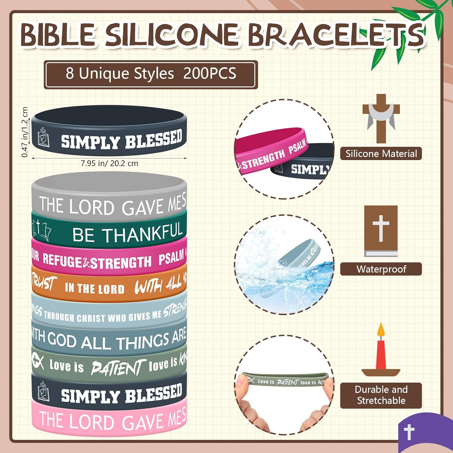 200 Pieces Religious Silicone Bracelets Bulk Christian Scripture Rubber Bible Verse Bracelets Inspirational Spiritual Wristbands for Men Women Children Teenagers Party Favors, Silicone