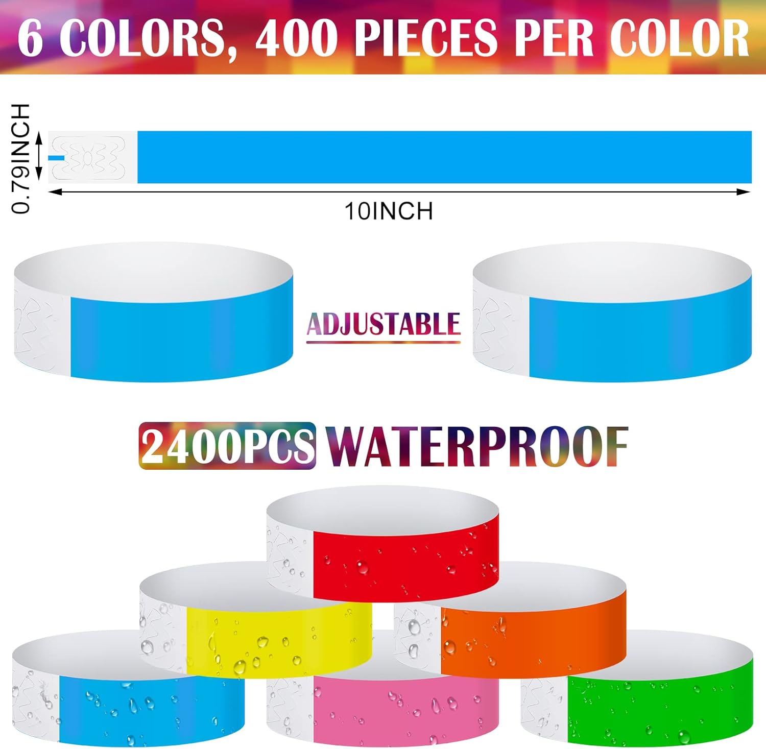 2400 Neon Paper Wristbands Only Bulk - Waterproof, Lightweight, Adhesive - Concert, Event, Party Hand Wrist Identification (Multi-Color)
