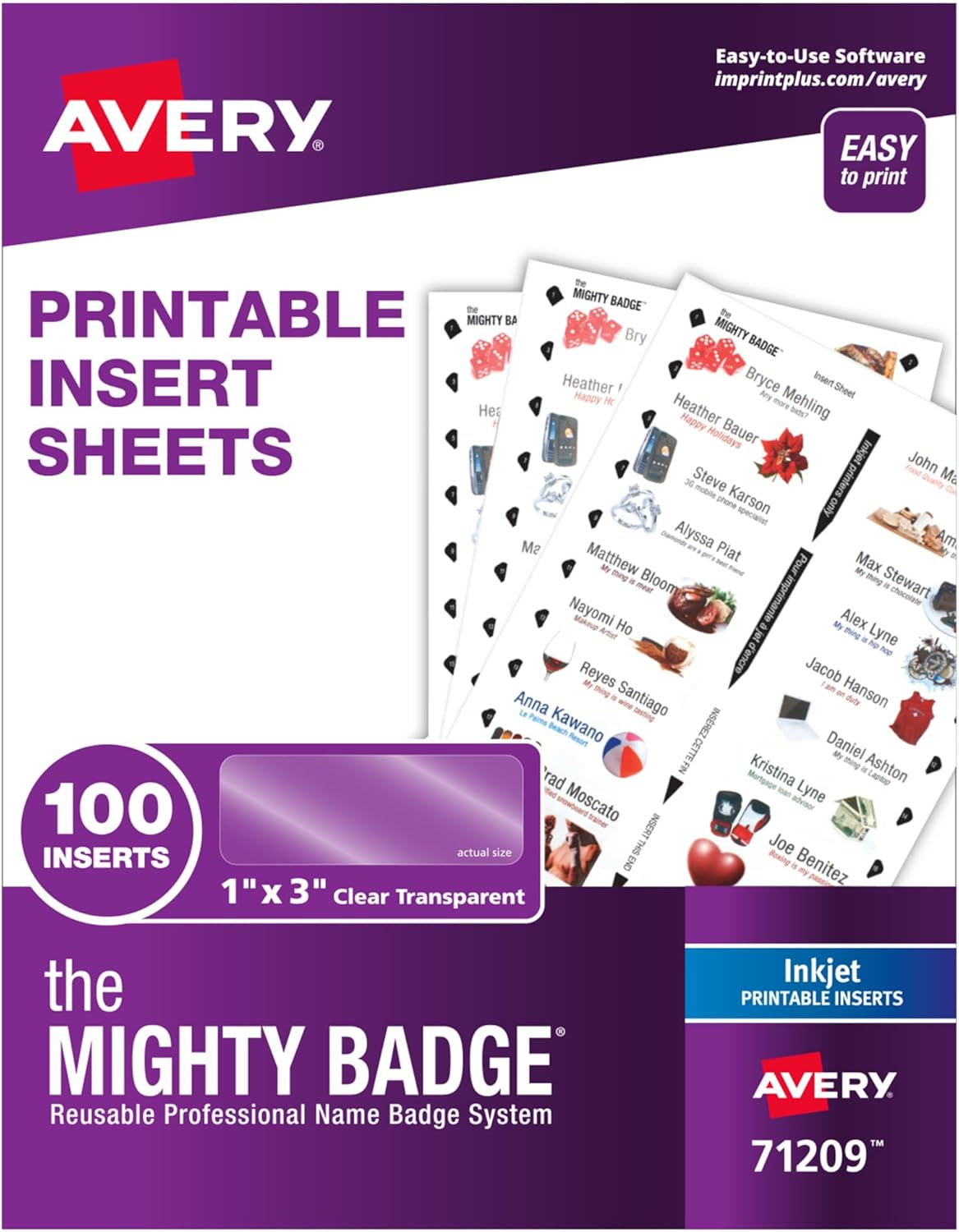 Powerful Badge for Avery, 2.54cm x 7.62cm Name Tag Insert, 100 Clear Inserts for Inkjet Printers Only (71209)
