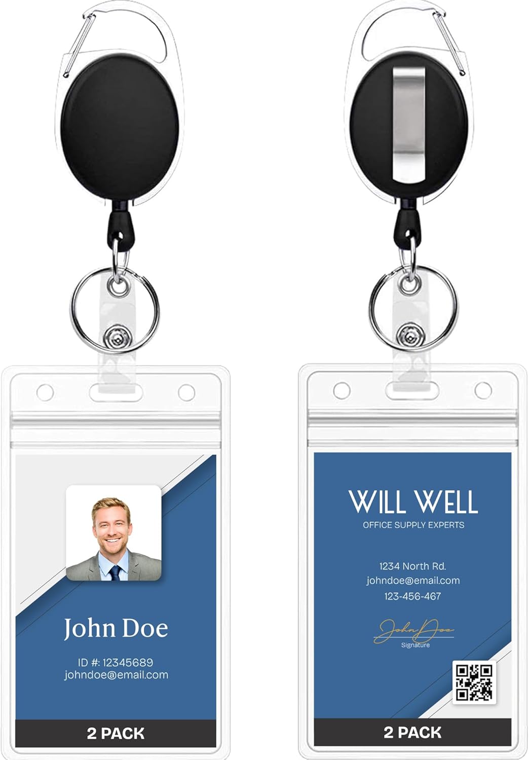 Will Well ID Badge Holder with Clip and Key Ring - Vertical Clear Plastic 6.4cm x 9.1cm Sleeve Holds 3 Cards - Retractable 60.96cm UHMWPE Fiber Drawstring for Easy Access - Set of 2, Black Reel