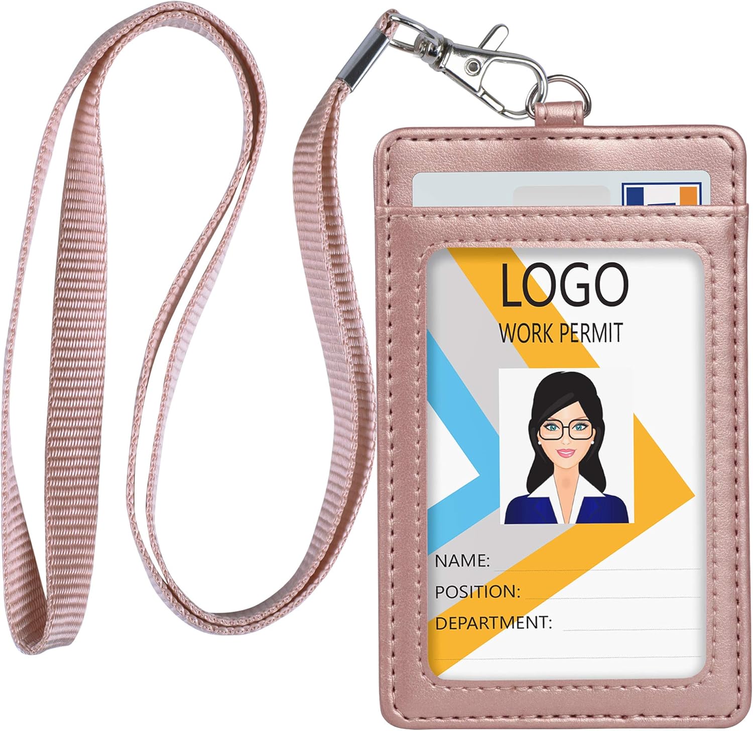 Teskyer Badge Holder with Lanyard, Leather ID Name Badge Holder with Lanyard for ID, Vertical Rose Gold