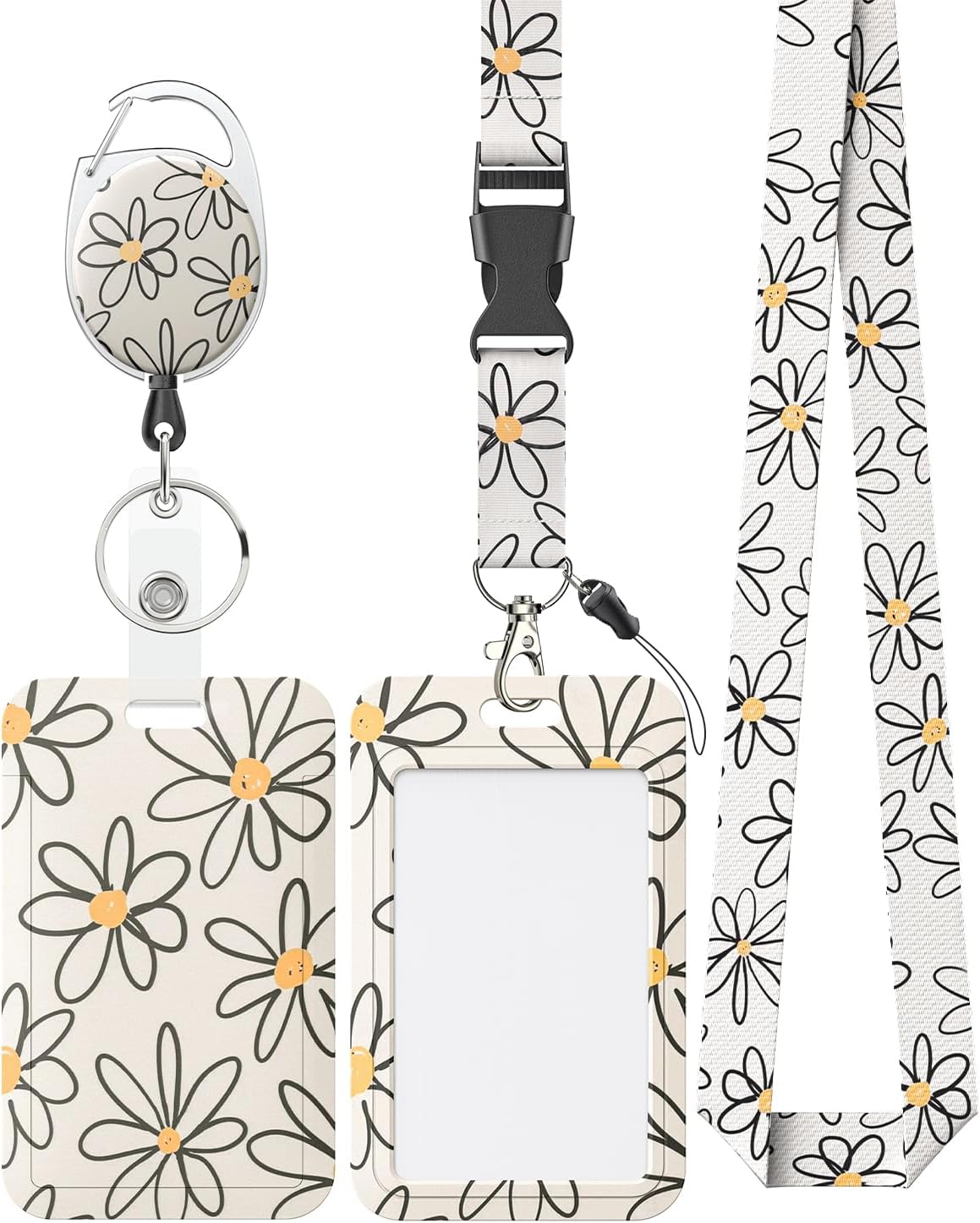 Flower Sliding Badge Holder White Flower Plastic Protective Case with Retractable Badge Reel Mountaineering Buckle and Detachable Lanyard with Fashion Vertical Card Protector for Women Nurses Teachers Students