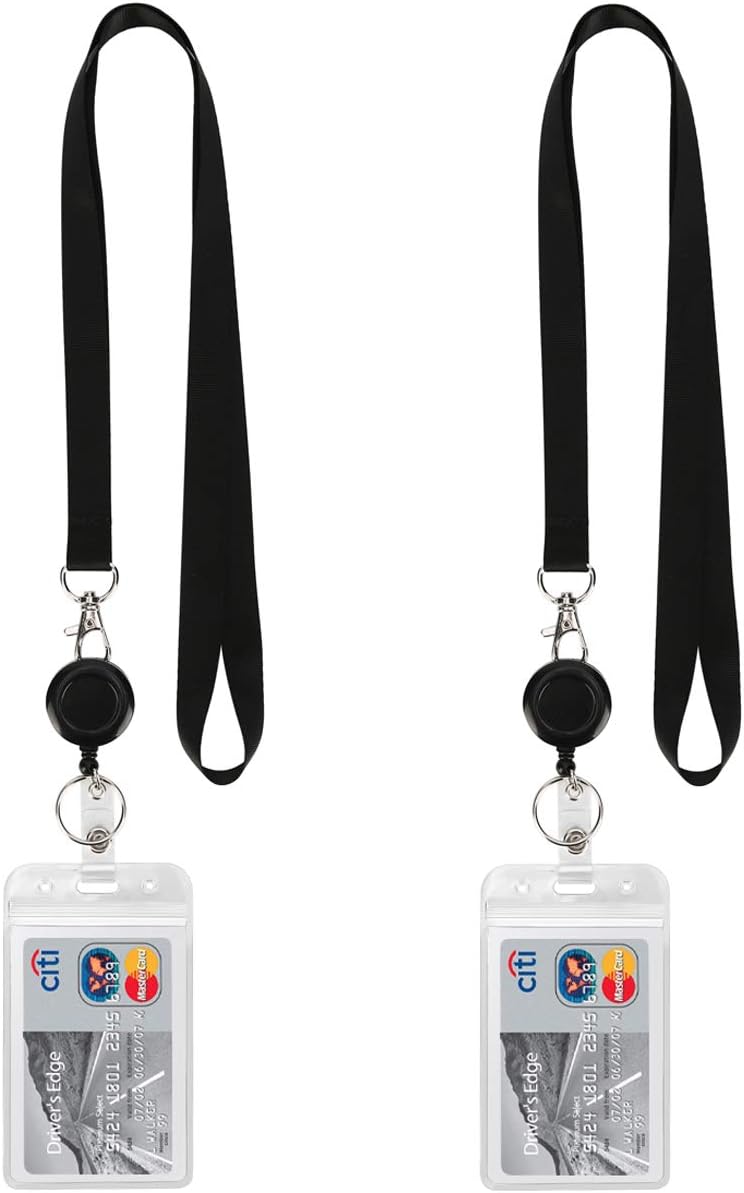 Lanyard Black Retractable Badge Reel with Badge Reel Clip for ID Badge Holder Vertical Perforated Zipper Waterproof 2-Pack