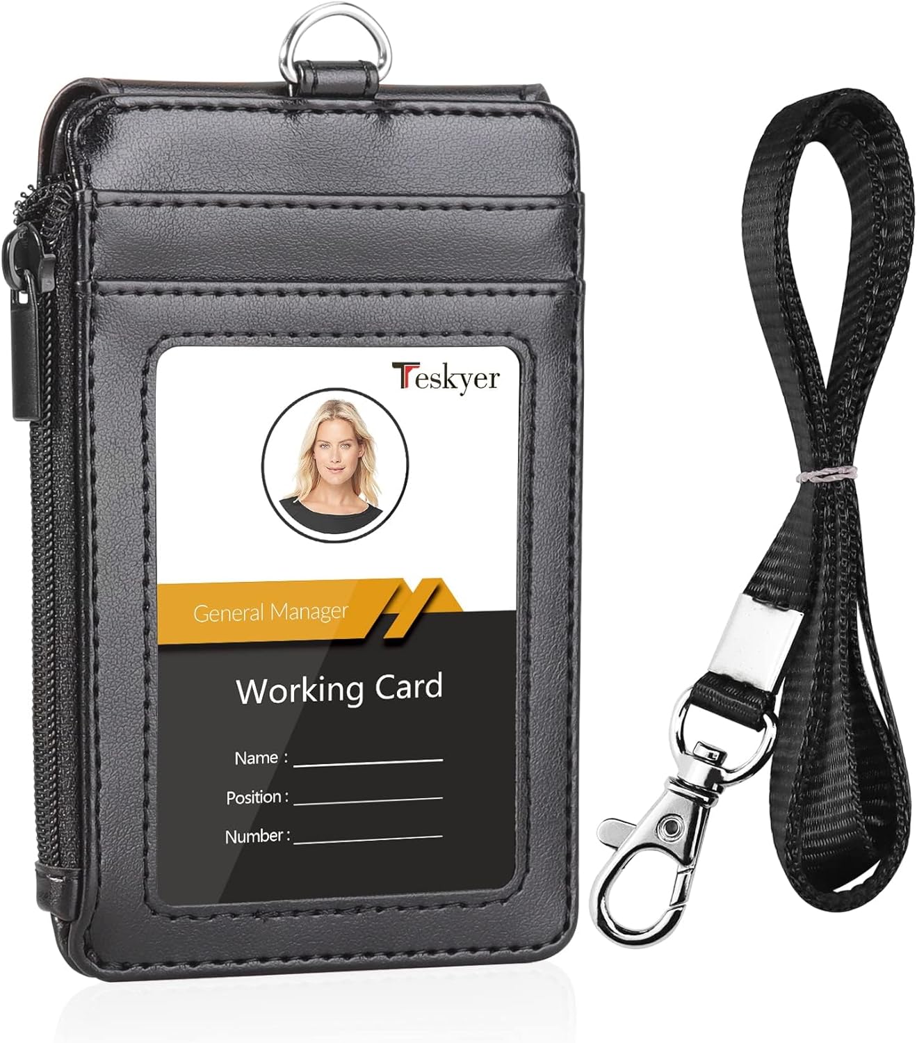 Teskyer Badge Holder with Side Zipper Pocket,Multiple Card SlotsLeather ID Holder Wallet with Neck Strap,Suitable for Office Workers,Teachers/Students,Couriers,Workers,Black