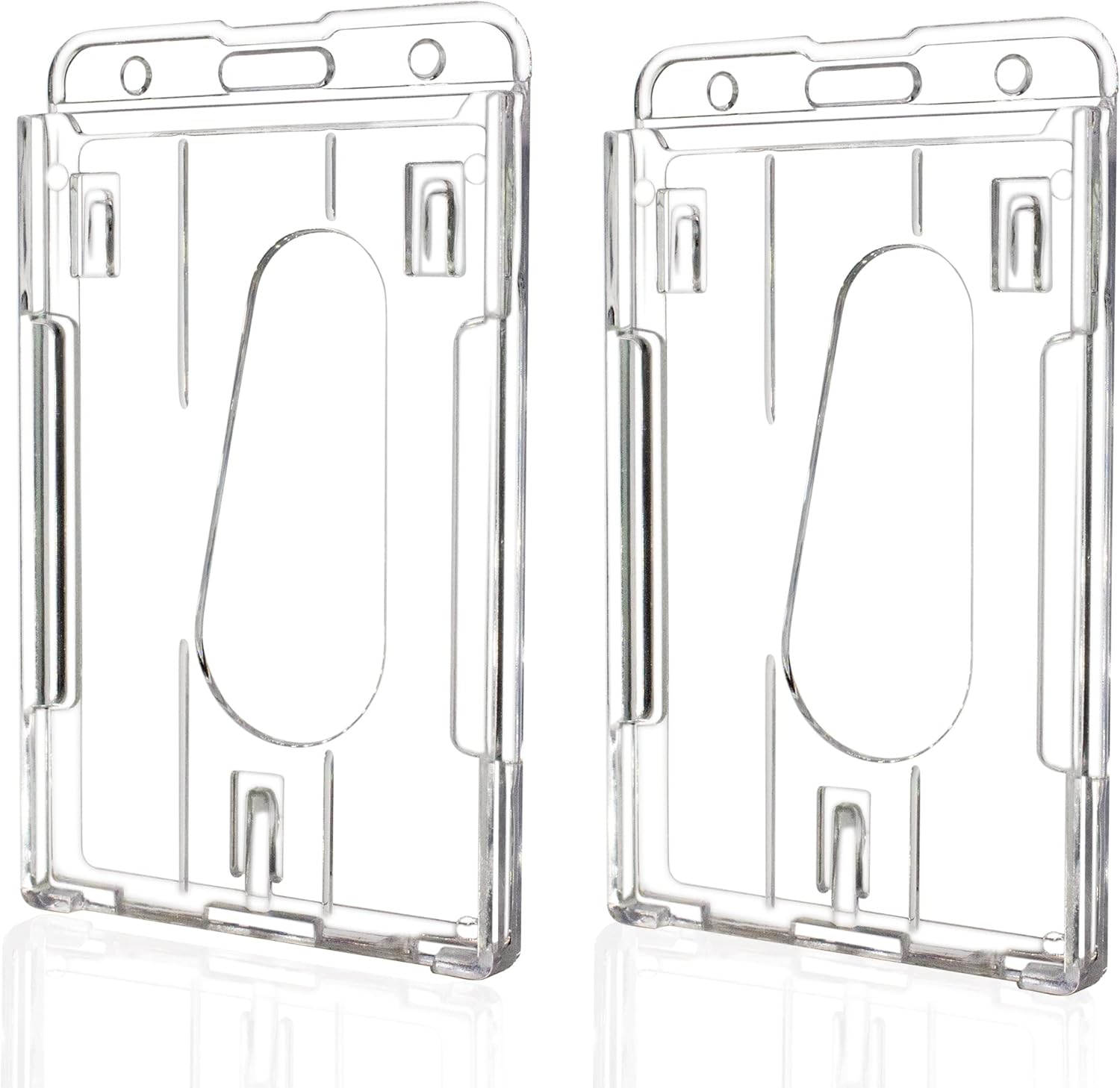 Teskyer Rigid Plastic Badge Holder, Clear ID Card Name Card Holder with Easy Access Thumb Slot, Holds 2 Cards, Vertical Style, 2-Pack