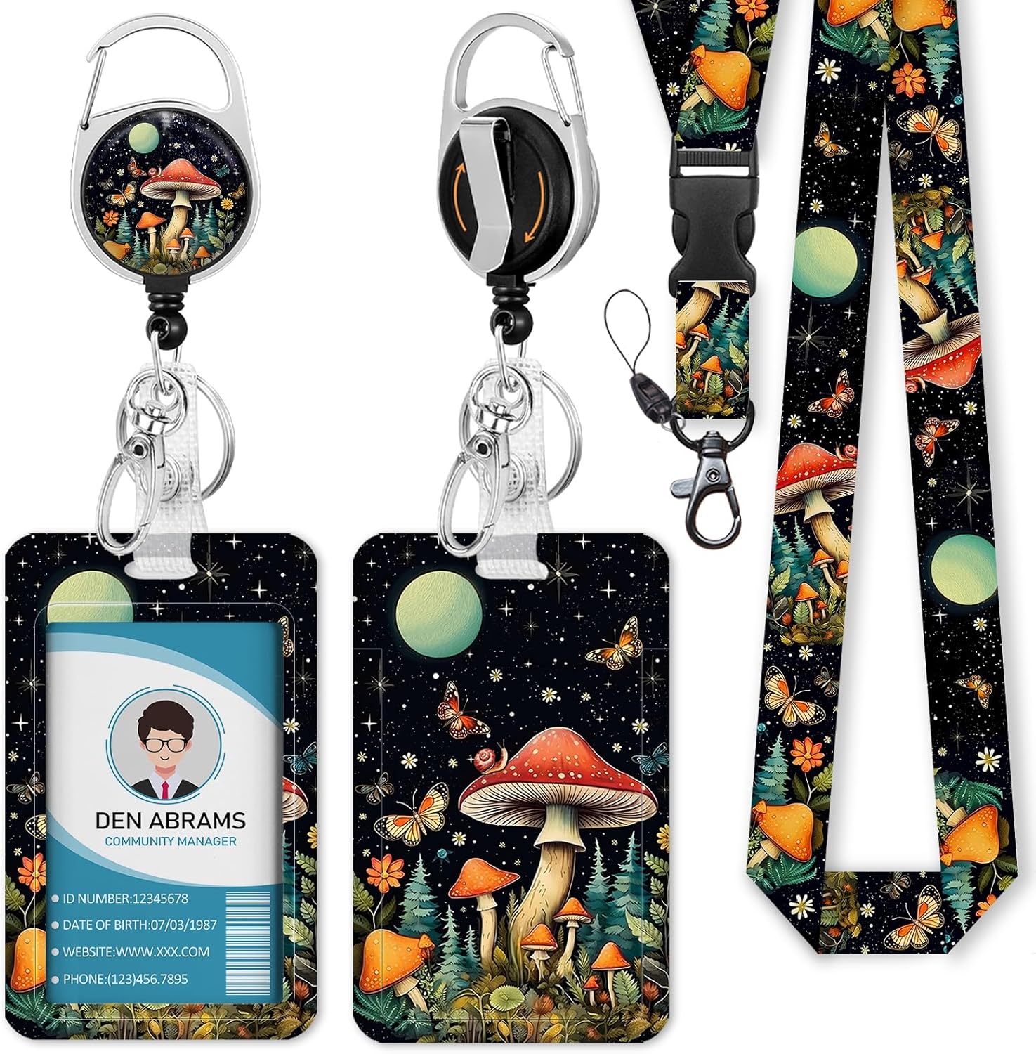 Piefly ID Card Lanyard,Cute Badge Holder with Retractable Reel Clip,Mushroom Job Name Tag Separate Lanyard Vertical ID Card Protector for Women Nurses Nurses Nurses Nurses Doctors Teachers Students