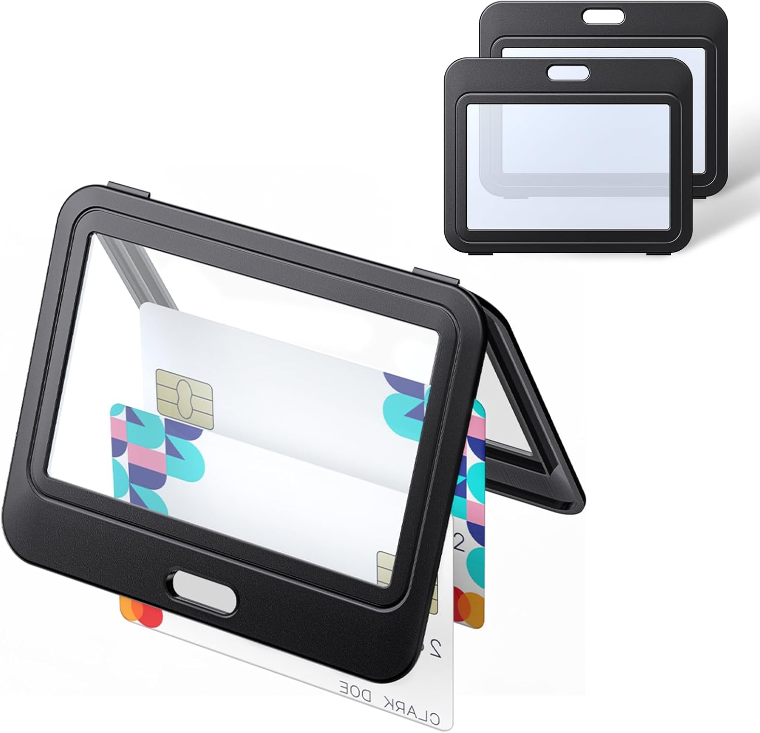 3 Piece ID Badge Holder with Dual Sided Windows Horizontal Hard Plastic Case Black Card Protective Pouch For Office School ID Credit Cards Proximity Key Cards Driver's Licenses and Passes