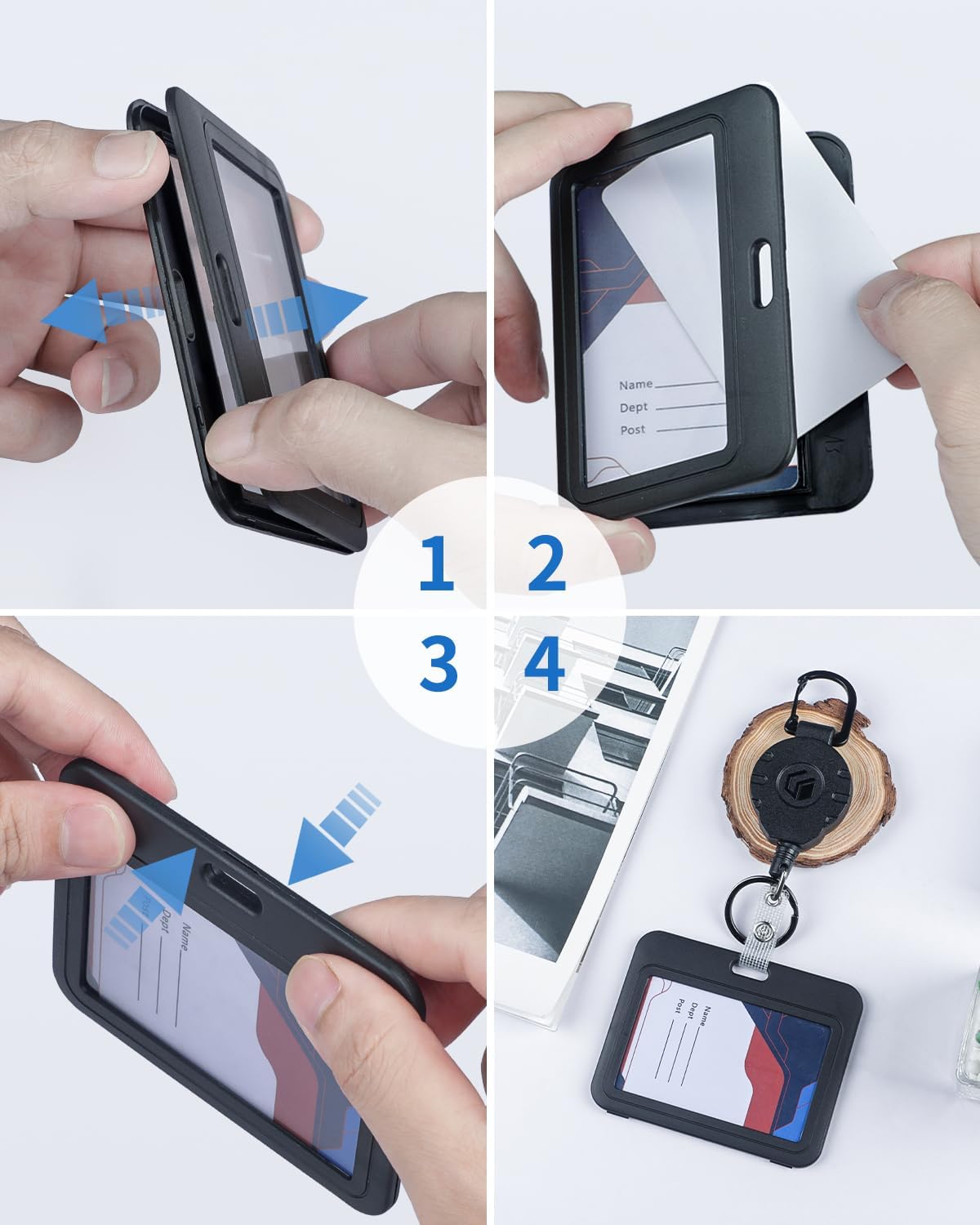 3 Piece ID Badge Holder with Dual Sided Windows Horizontal Hard Plastic Case Black Card Protective Pouch For Office School ID Credit Cards Proximity Key Cards Driver's Licenses and Passes