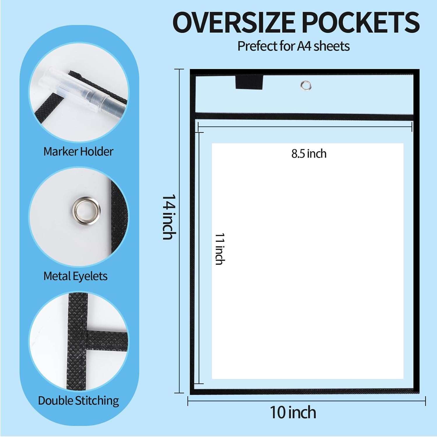 6 Piece Dry Erase Pocket Sleeve, Black, Work Ticket Holder (25.4 cm * 33.0 cm), Reusable Plastic Sleeve for Teacher's Classroom