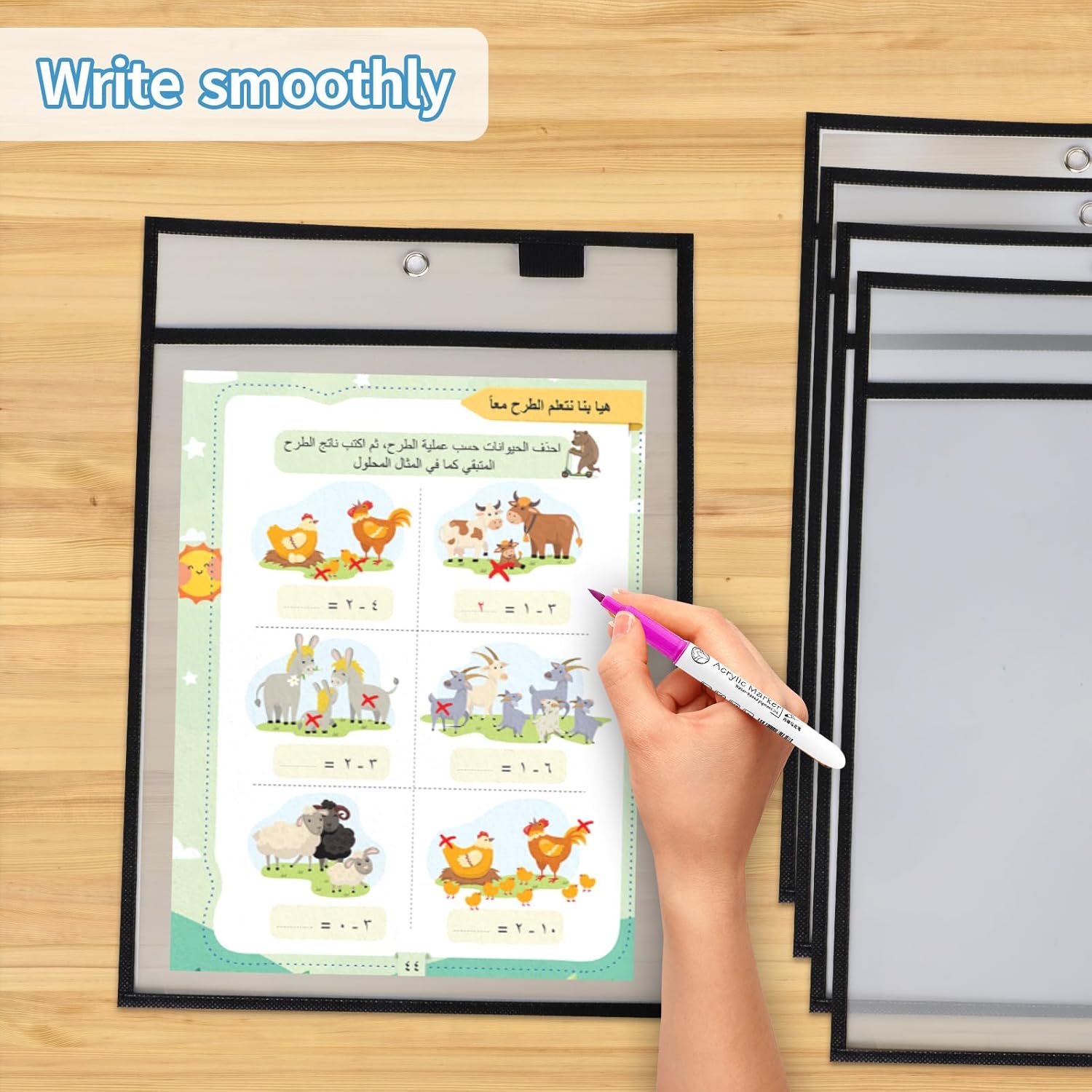 6 Piece Dry Erase Pocket Sleeve, Black, Work Ticket Holder (25.4 cm * 33.0 cm), Reusable Plastic Sleeve for Teacher's Classroom