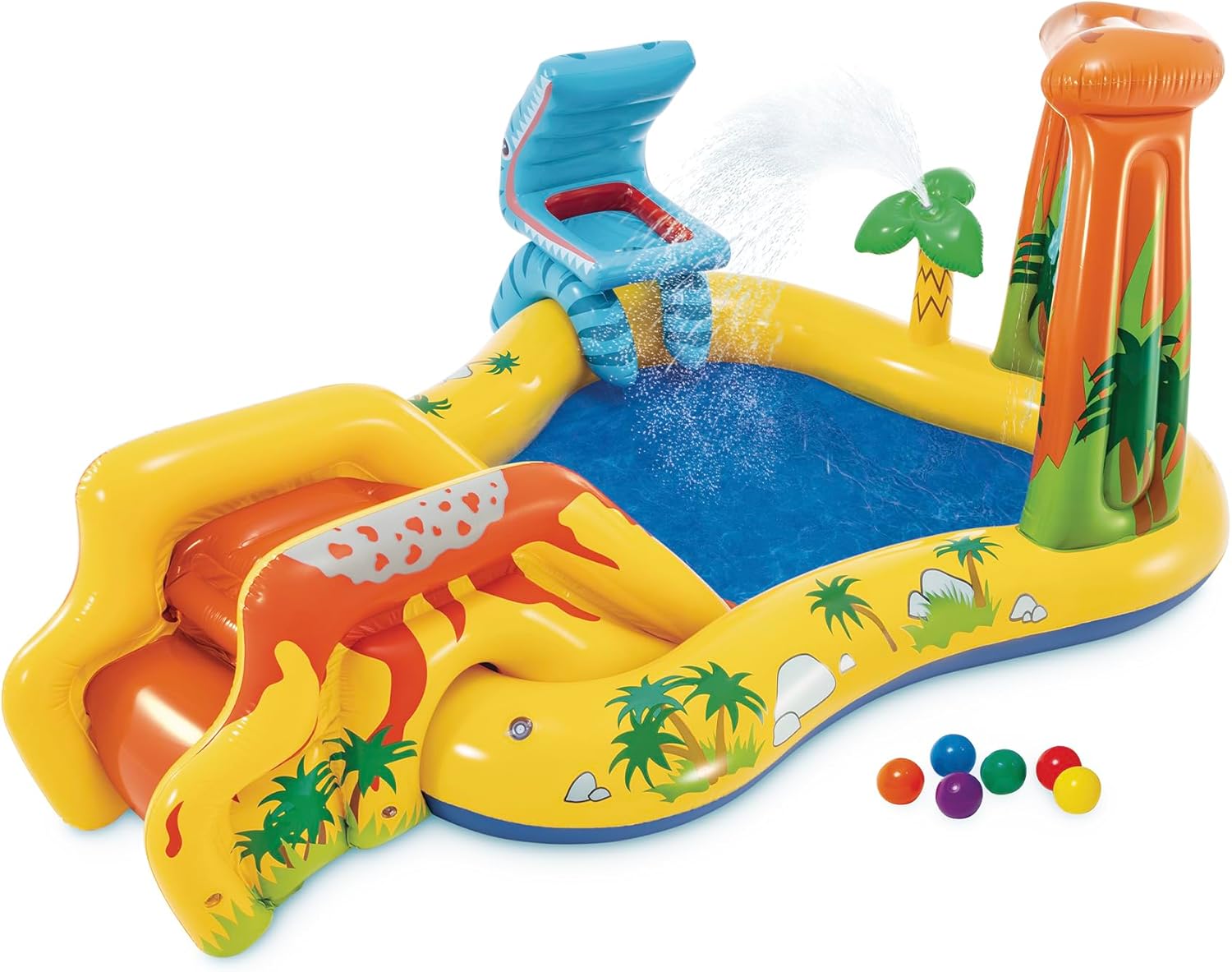 Inflatable Dinosaur Play Center Outdoor Playhouse Inflatable Water Park with Kids Pool Slide, Water Jets, Waterfall and 6 Balls, Multicolor