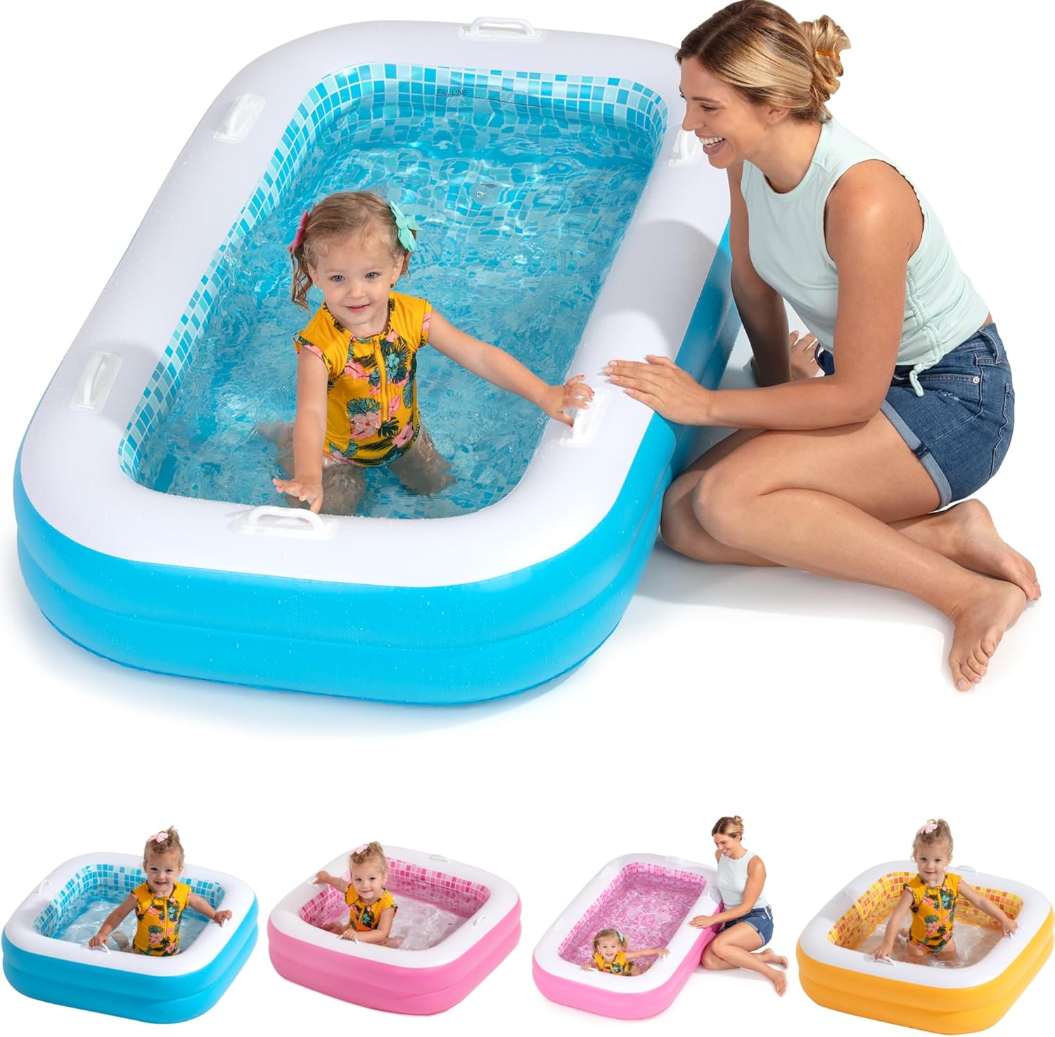 Inflatable Kiddie Pool 65 x 39 x 10 inches (5 feet 5 inches) Inflatable Padded Floor, Handles and Drain - Shallow Rectangular Inflatable Pool for Kids 2+, Toddler Ball Pool, Small Adult Back Patio Tanning Pools