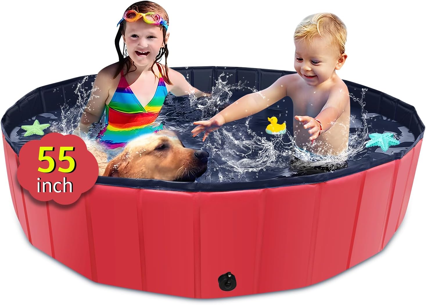 Collapsible Dog Pool, 55 x 12 Inches (Approx. 139.7 x 30.5 cm) Children's Pool with Hard Plastic, Non-Slip Dog Bath Tub for Outdoor Backyard, Collapsible Dog Pool for Kids Dogs Pets (Red)