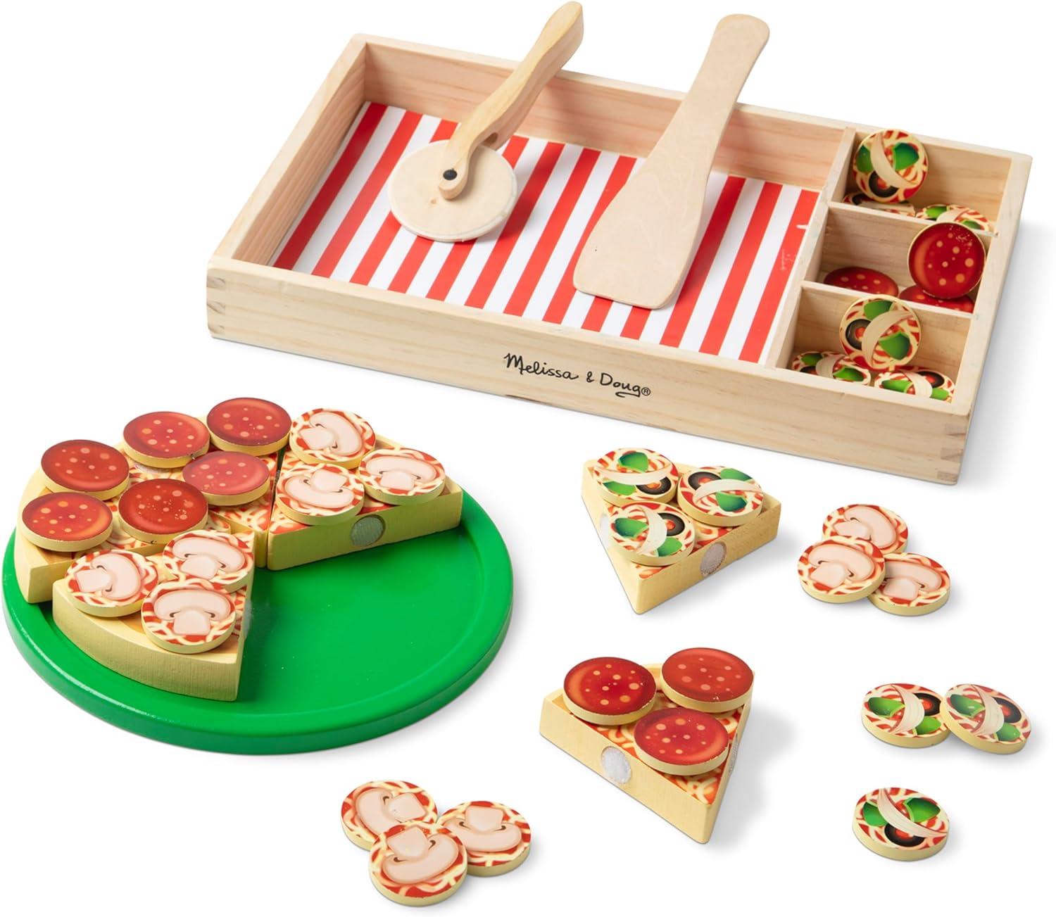 Pizza Party Wooden Pretend Play Food Set with 36 Toppers, Preschool Toys Pretend Food, Play with Wooden Pizza and Cutters, for Ages 3 and up