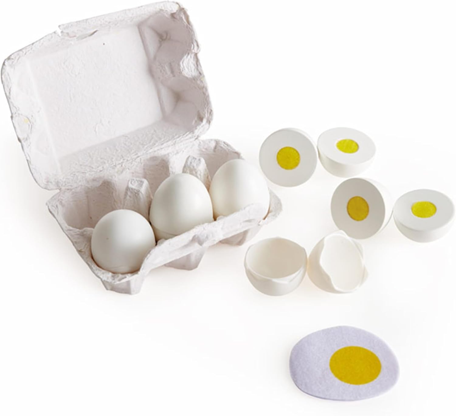 Hape Egg Carton | 3 Hard Boiled Eggs with Easy Peel Shells and 3 Frying, Wooden Realistic Educational Toys for Ages 3+, White and Yellow (E3156)