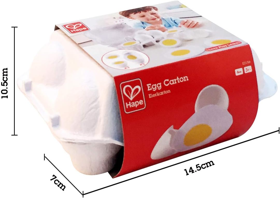 Hape Egg Carton | 3 Hard Boiled Eggs with Easy Peel Shells and 3 Frying, Wooden Realistic Educational Toys for Ages 3+, White and Yellow (E3156)
