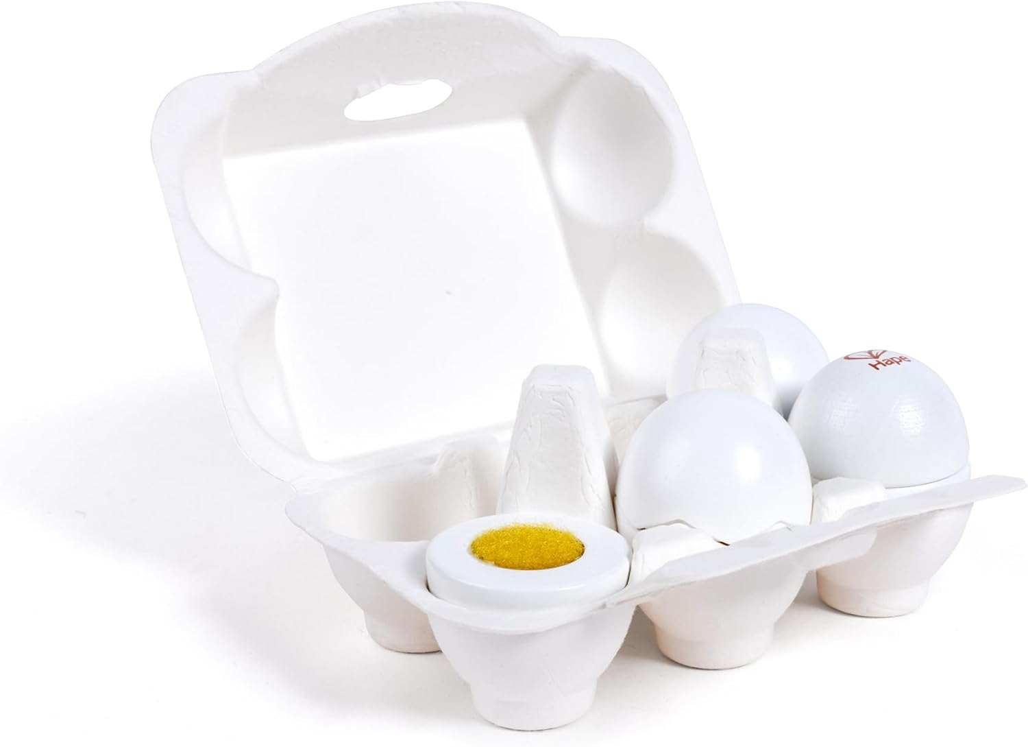 Hape Egg Carton | 3 Hard Boiled Eggs with Easy Peel Shells and 3 Frying, Wooden Realistic Educational Toys for Ages 3+, White and Yellow (E3156)