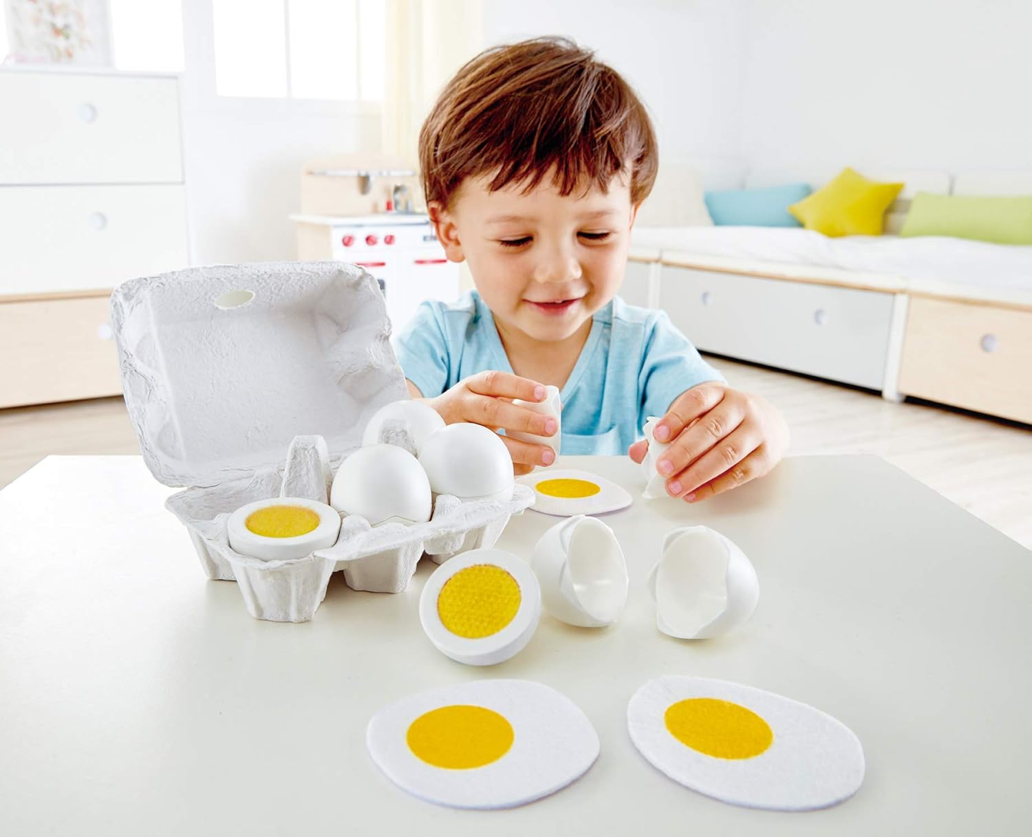 Hape Egg Carton | 3 Hard Boiled Eggs with Easy Peel Shells and 3 Frying, Wooden Realistic Educational Toys for Ages 3+, White and Yellow (E3156)
