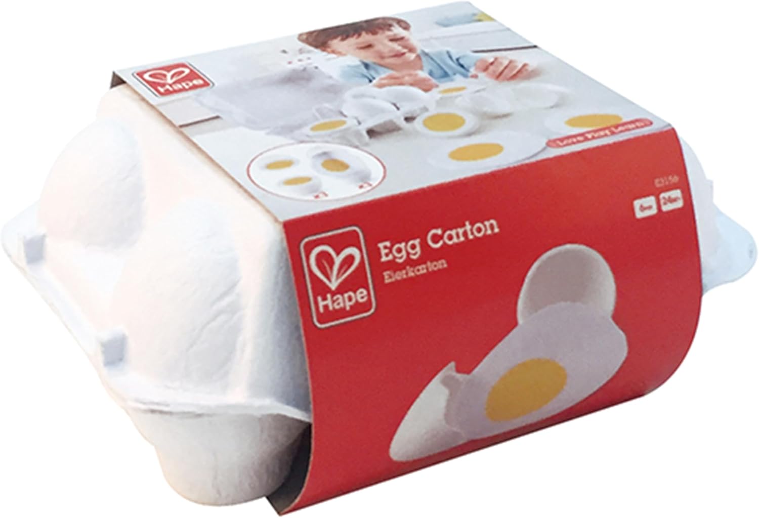 Hape Egg Carton | 3 Hard Boiled Eggs with Easy Peel Shells and 3 Frying, Wooden Realistic Educational Toys for Ages 3+, White and Yellow (E3156)