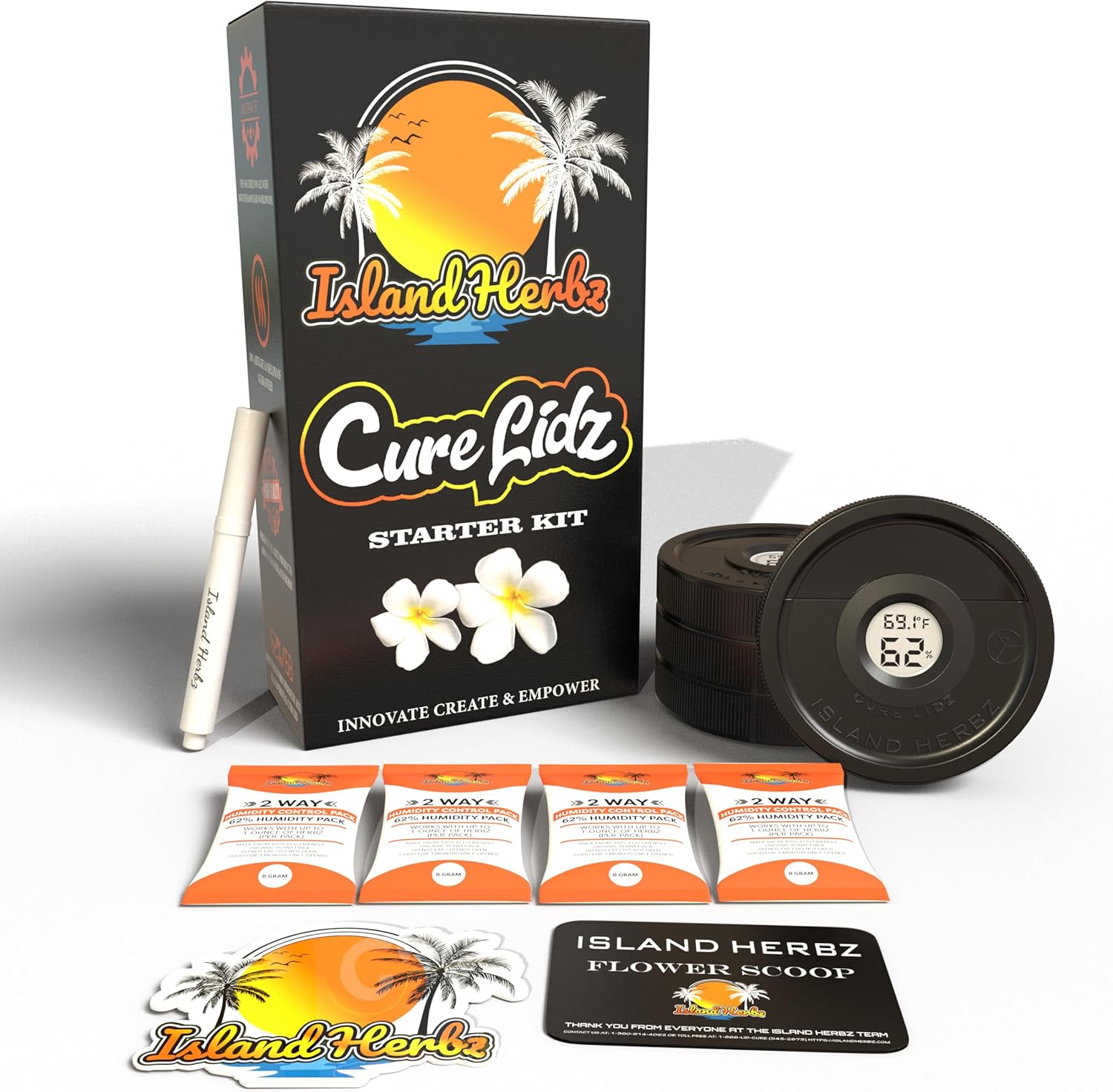 ISLAND HERBZ DIGITAL STARTER CURING KIT: V2 LID SET - 4 Sealed Digital Wide Mouth Mason Jar Lids, Celsius/Fahrenheit, On/Off Switch + 8G Organic Bi-Directional Moisture Packs (4 Piece Set)