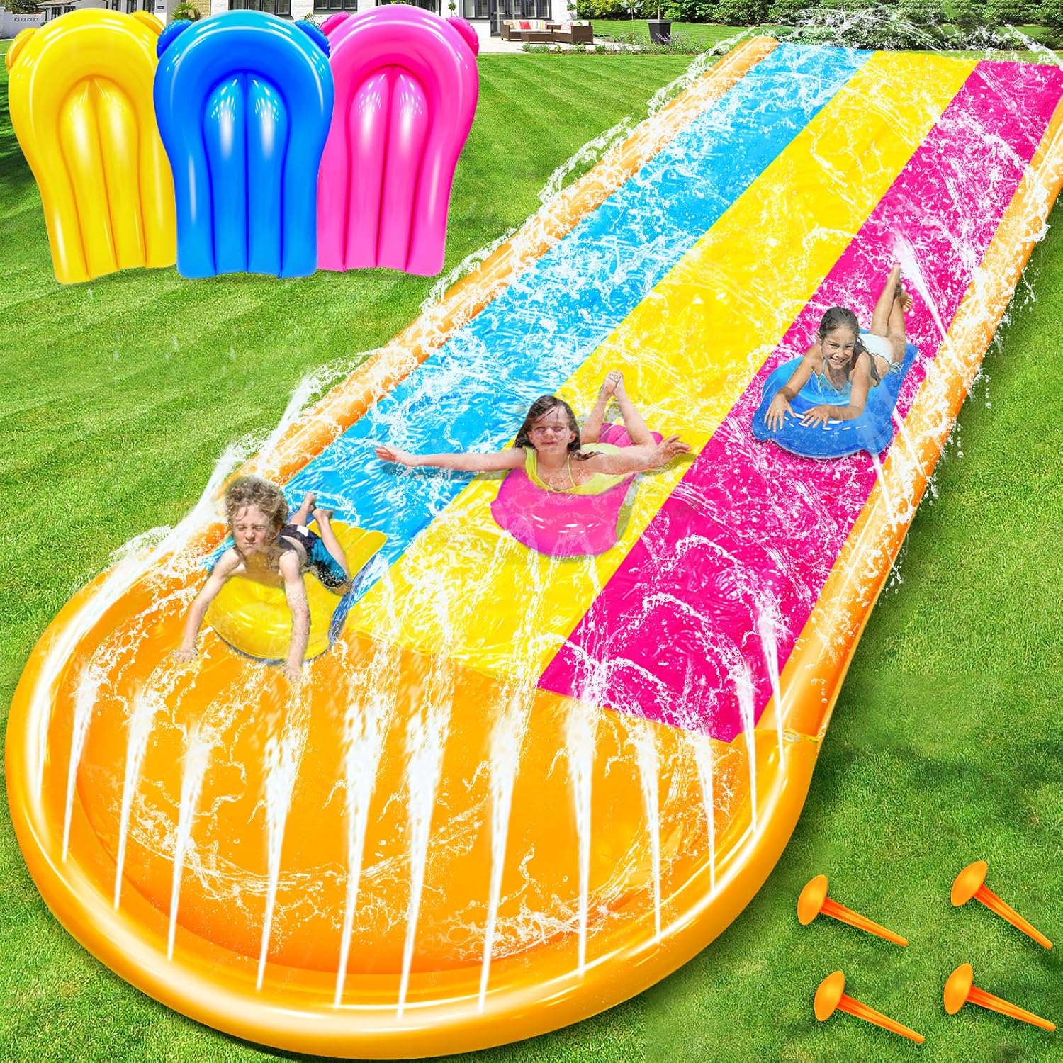 [ 3 Sides of Safety Fence ] Extra Wide Triple Water Slide with 3-Way Sprinkler, Backyard Lawn Water Slide and 3 Body Boards with Handles, Summer Outdoor Water Fun Toys for Kids Adults, 16 ft. x 7 ft.