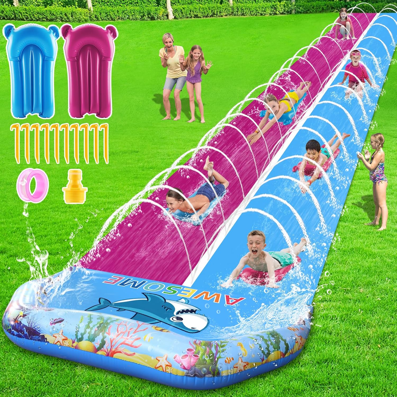 33ft (Approx. 91.4m) Extra Long Water Slide for Kids Adults, Large Double Lawn Water Slide Heavy Duty with 2 Body Boards, Summer Water Slide Toys with Bumper Cushions for Backyard Outdoors